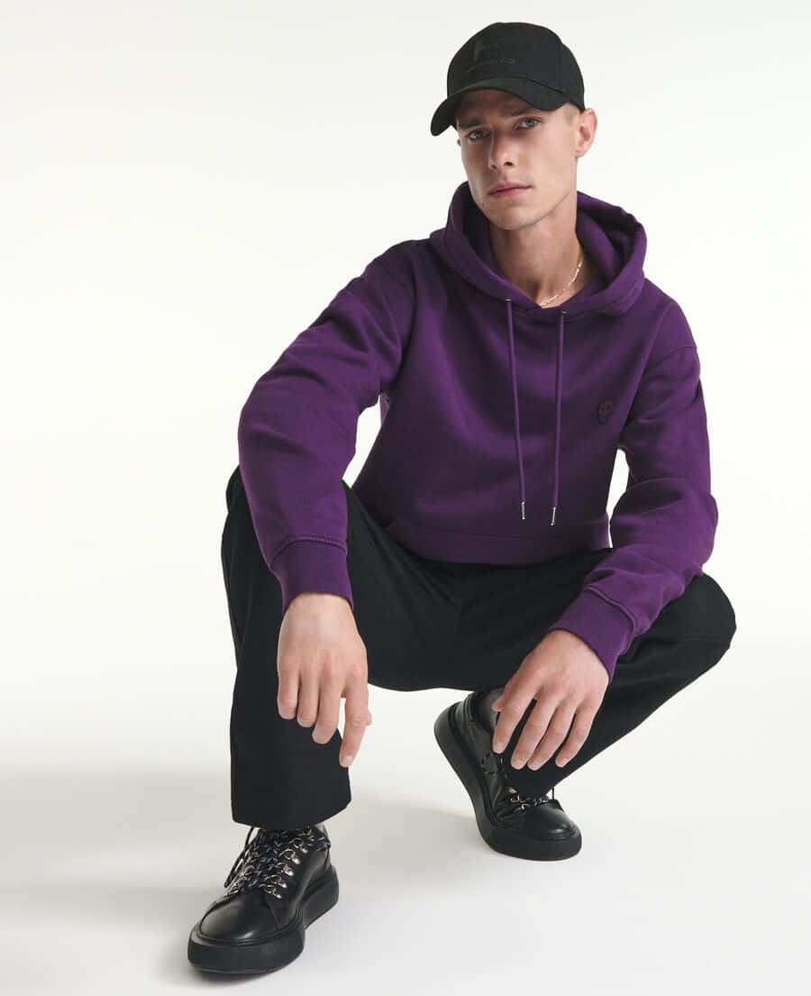 purple sweatshirt, black cap, white background, SD Phone Wallpaper