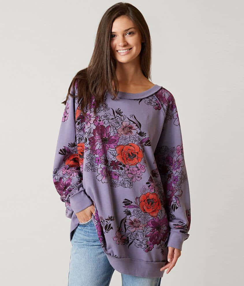 purple sweatshirt, red and pink floral patterns, woman, SD Phone Wallpaper