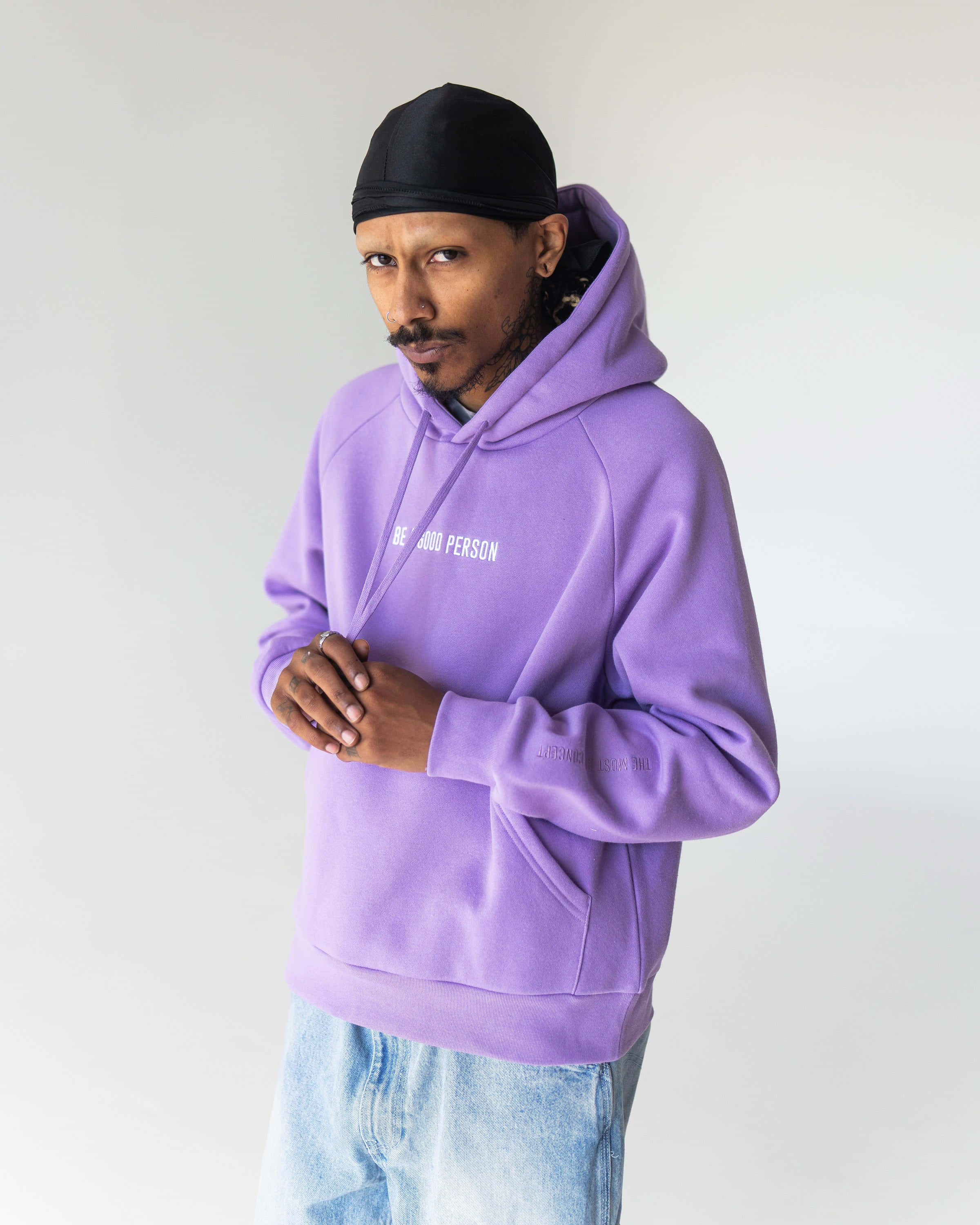 lavender hoodie, black headwrap, plain white background, 2K Phone Wallpaper
