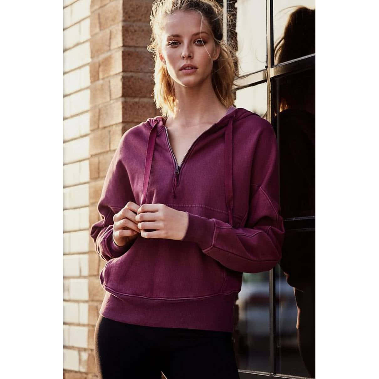 purple zip-up hoodie, brick wall, glass window, SD Desktop Wallpaper