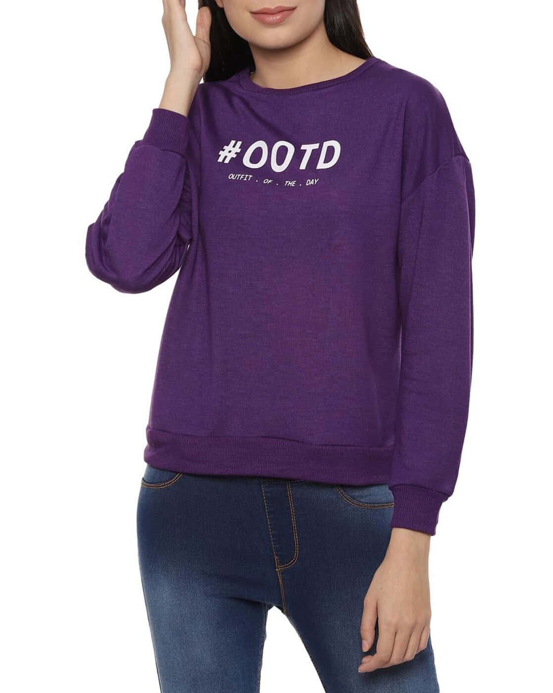 purple sweatshirt, white hashtag OOTD text, blue jeans, HD Phone Wallpaper