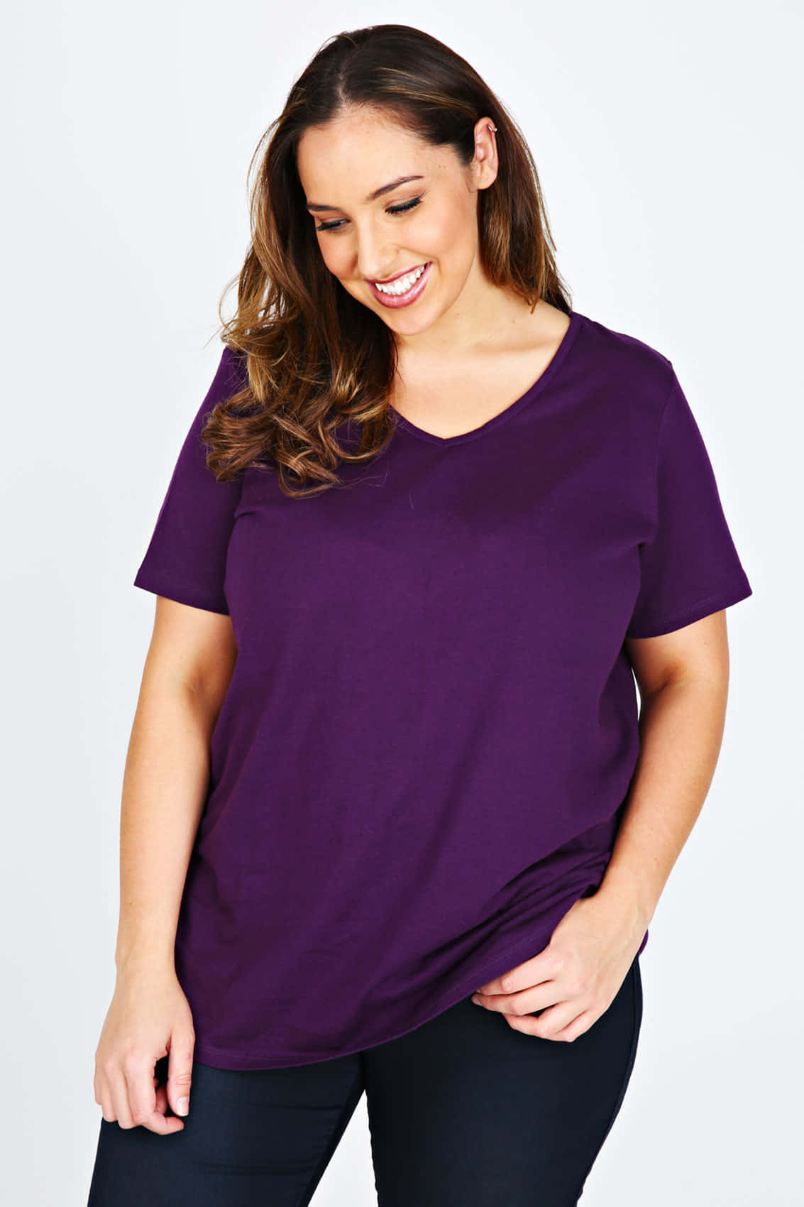 vibrant purple v-neck t-shirt, smiling woman with wavy brown hair, plain white background, HD Phone Wallpaper
