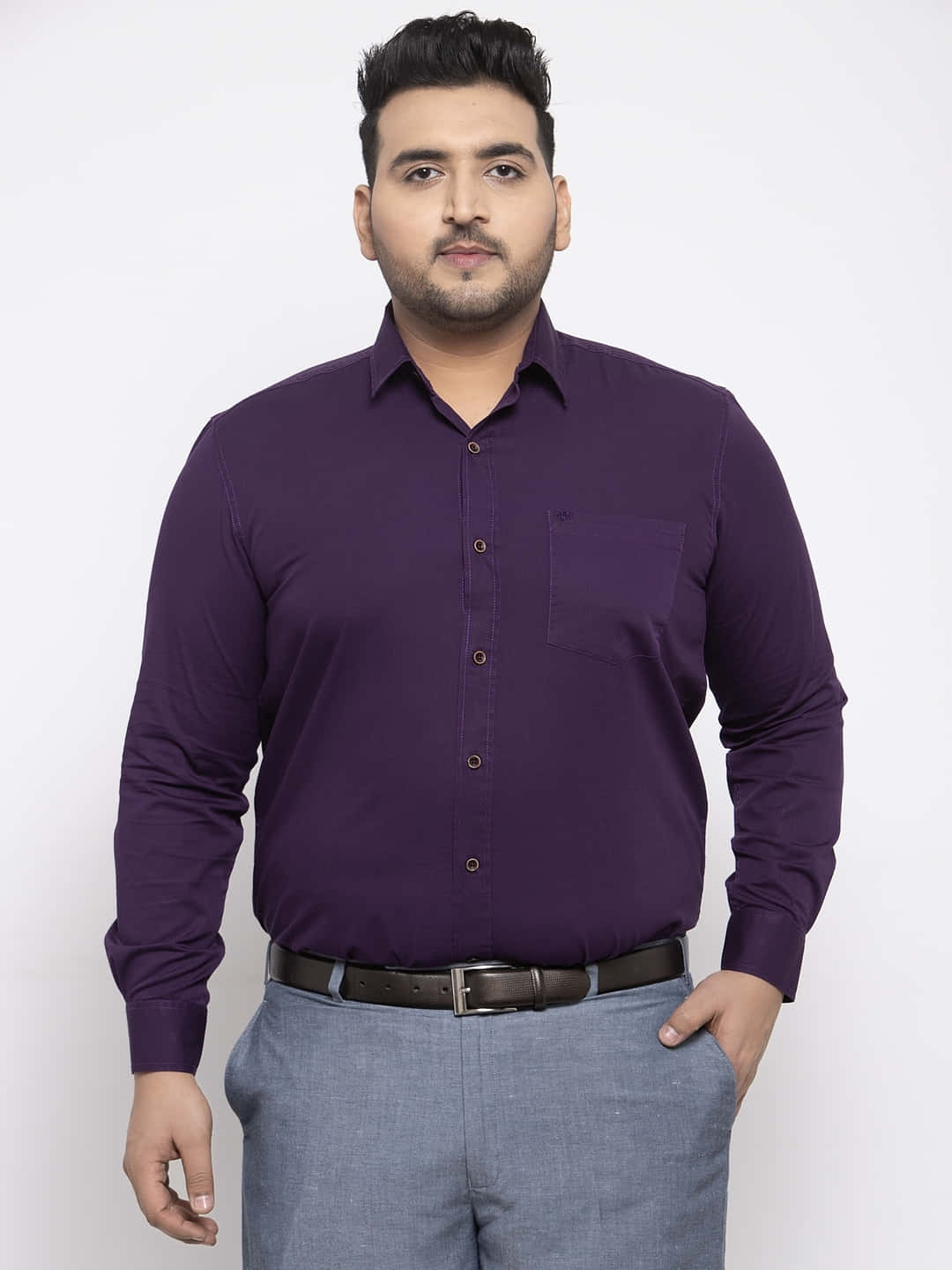 purple button-up shirt, gray trousers, plain white background, HD Phone Wallpaper