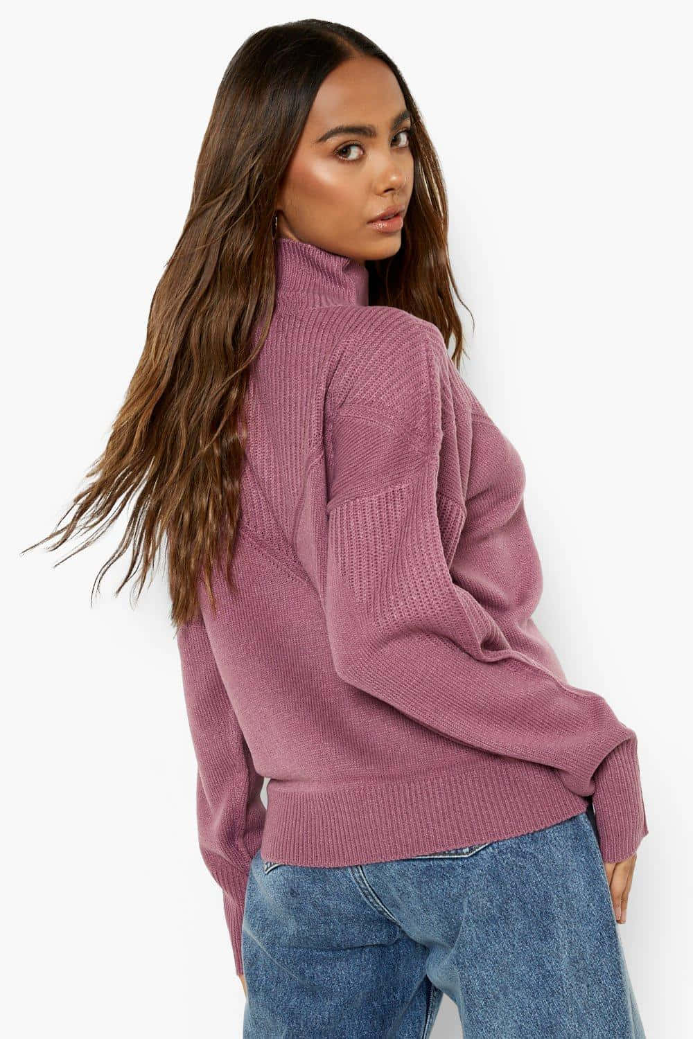 mauve turtleneck sweater, blue jeans, long brown hair, HD Phone Wallpaper
