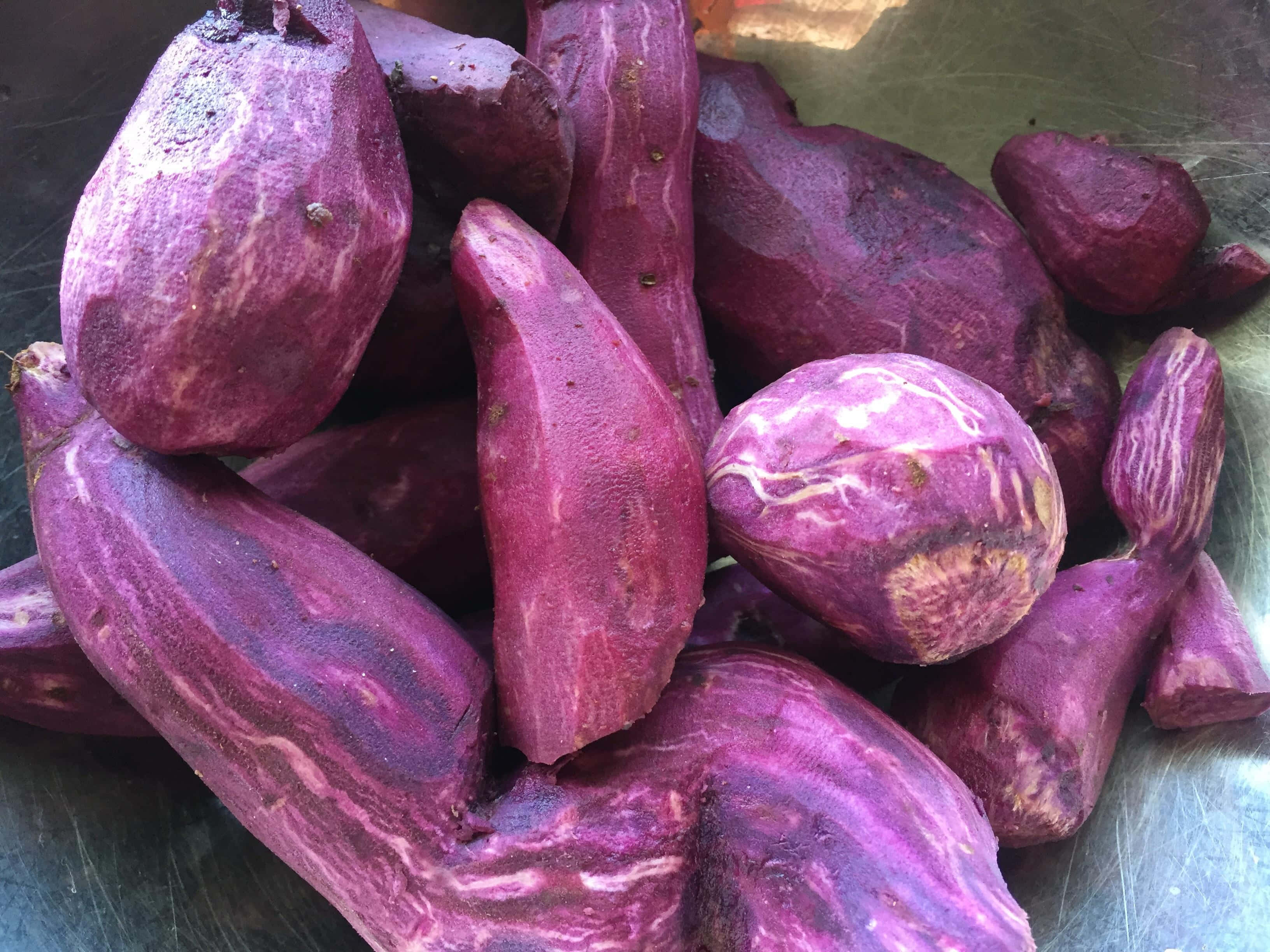 Purple Sweet Potato, textured skin, metallic bowl, 2K Desktop Wallpaper