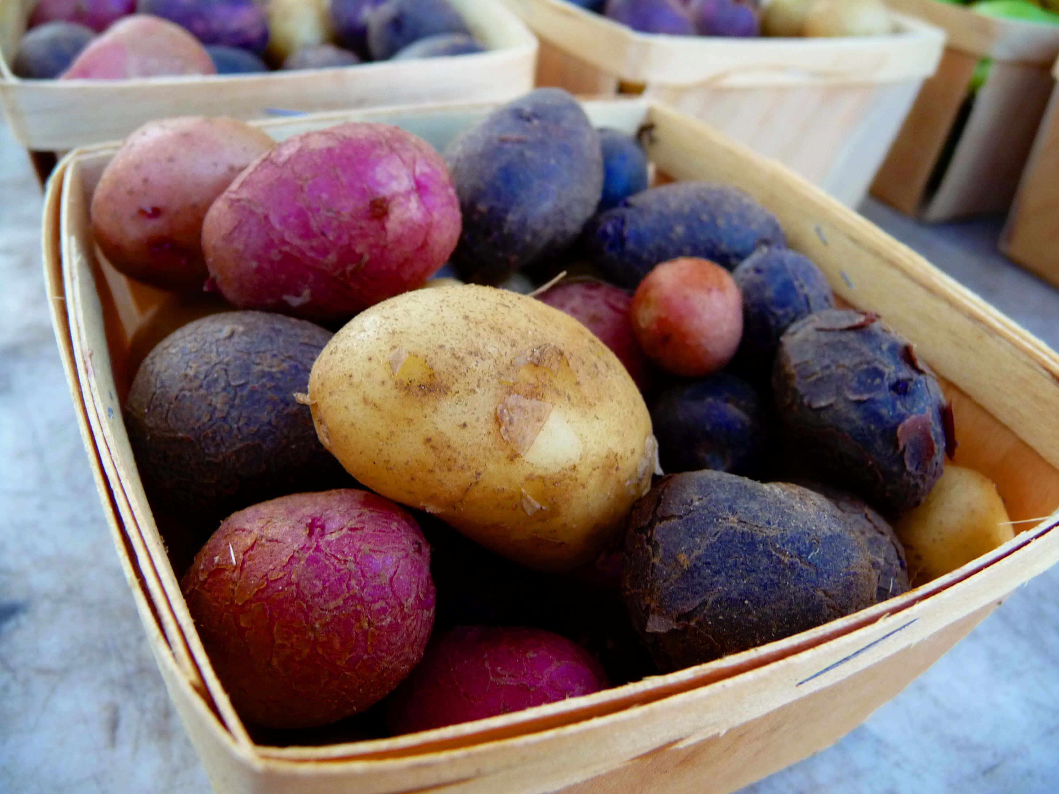 purple potato, heirloom potatoes, wooden basket, 2K Desktop Wallpaper