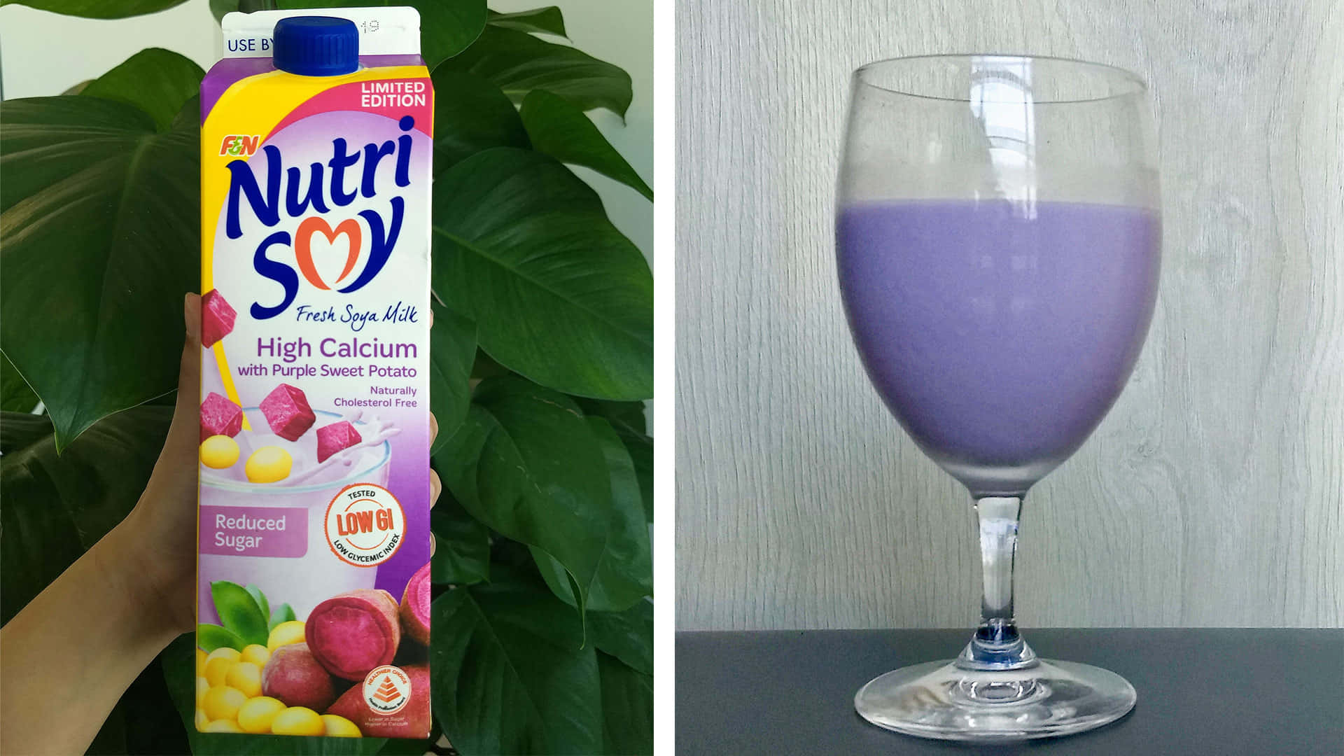 purple sweet potato, purple sweet potato soy milk, lush green leaves, Full HD Desktop Wallpaper