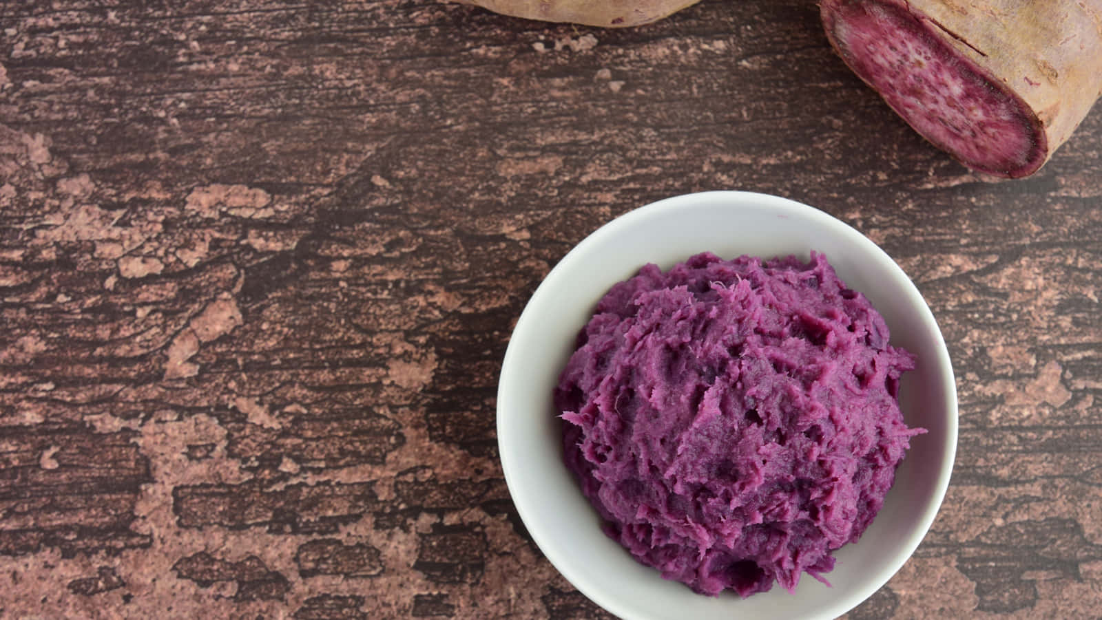Purple Sweet Potato, vibrant purple mashed sweet potato, rustic wooden surface, HD Desktop Wallpaper