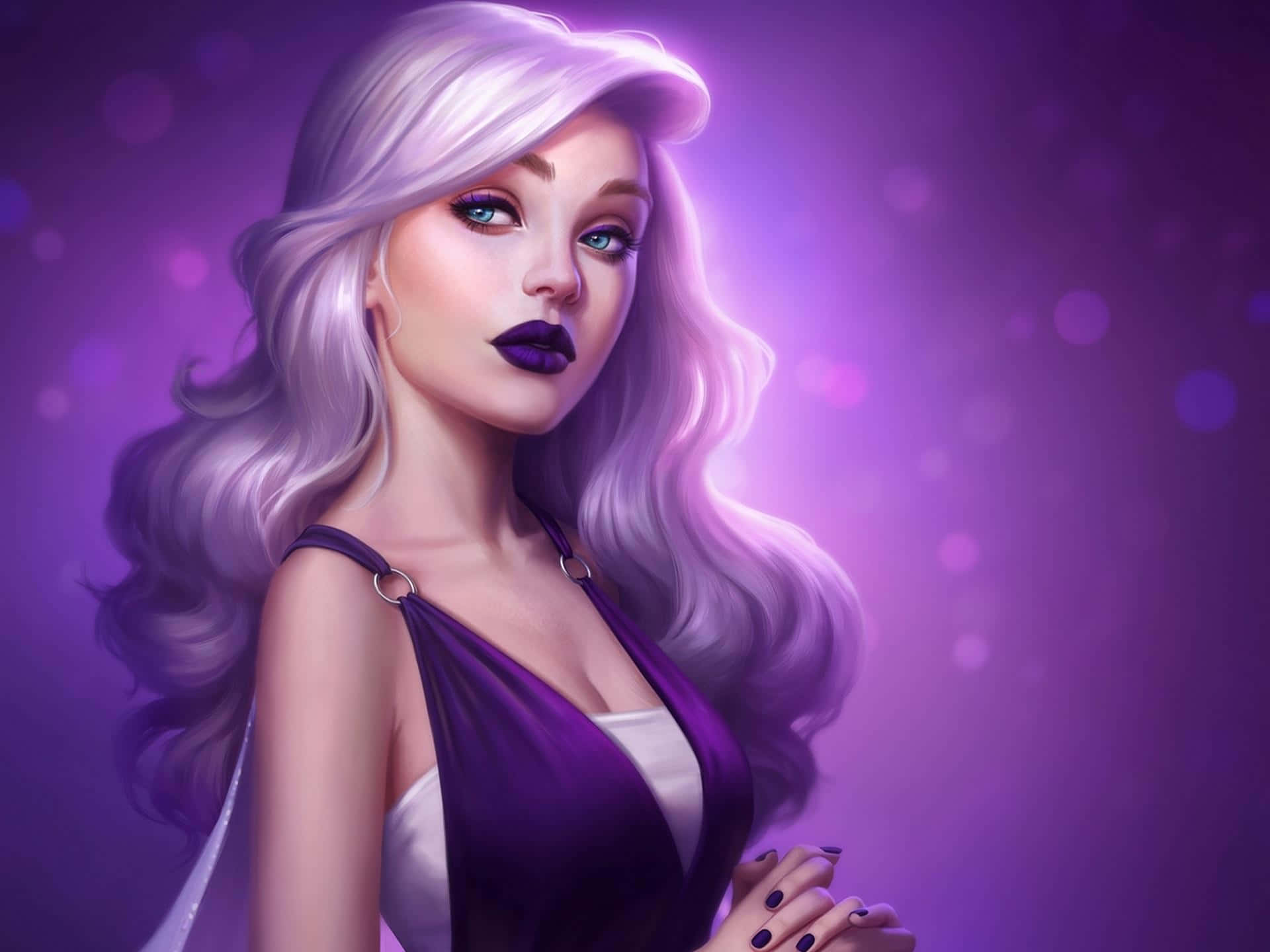 purple tank top, anime-style woman, silver hair, Full HD Desktop Wallpaper