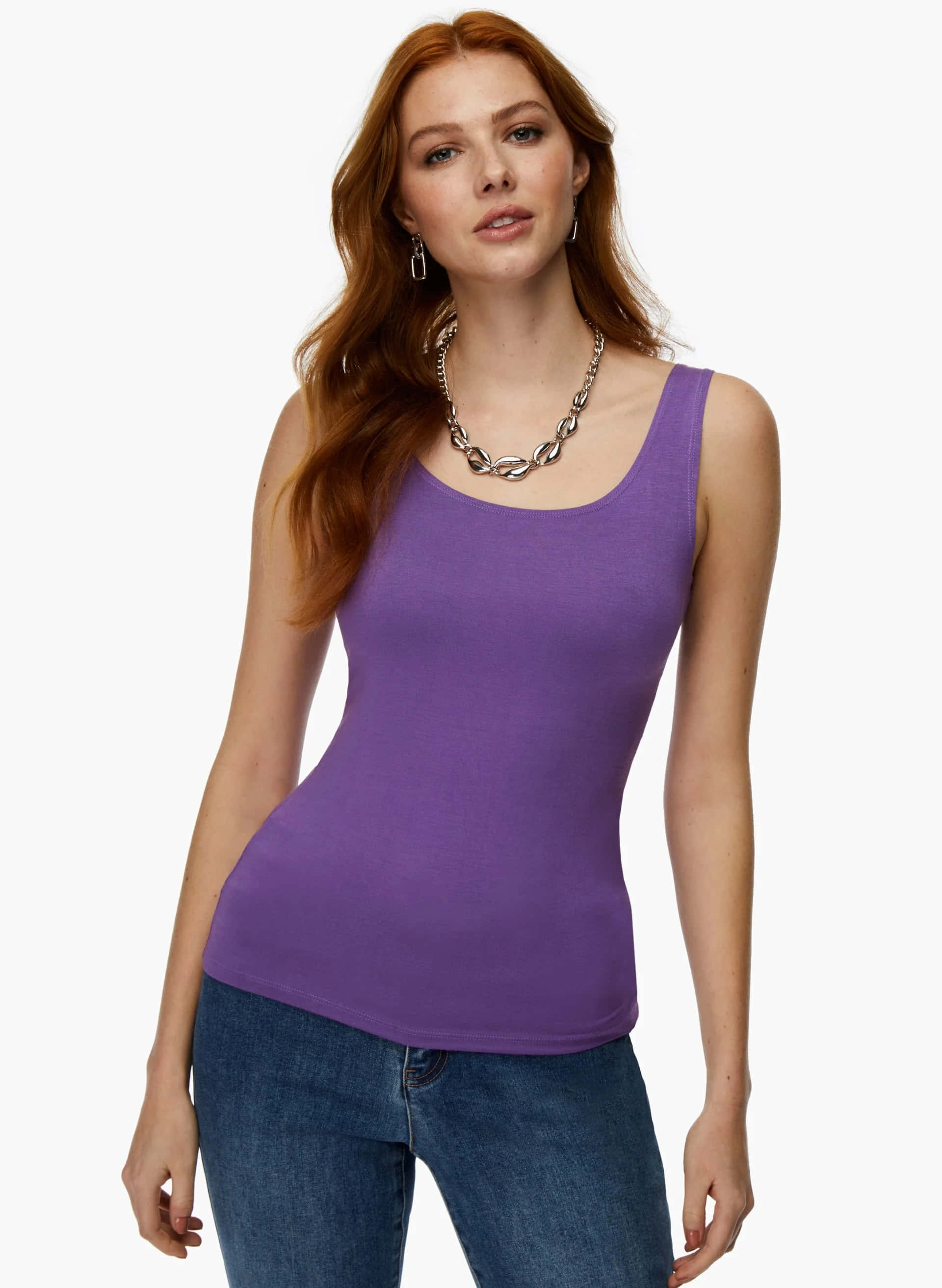 purple tank top, red hair, blue jeans, 2K Phone Wallpaper
