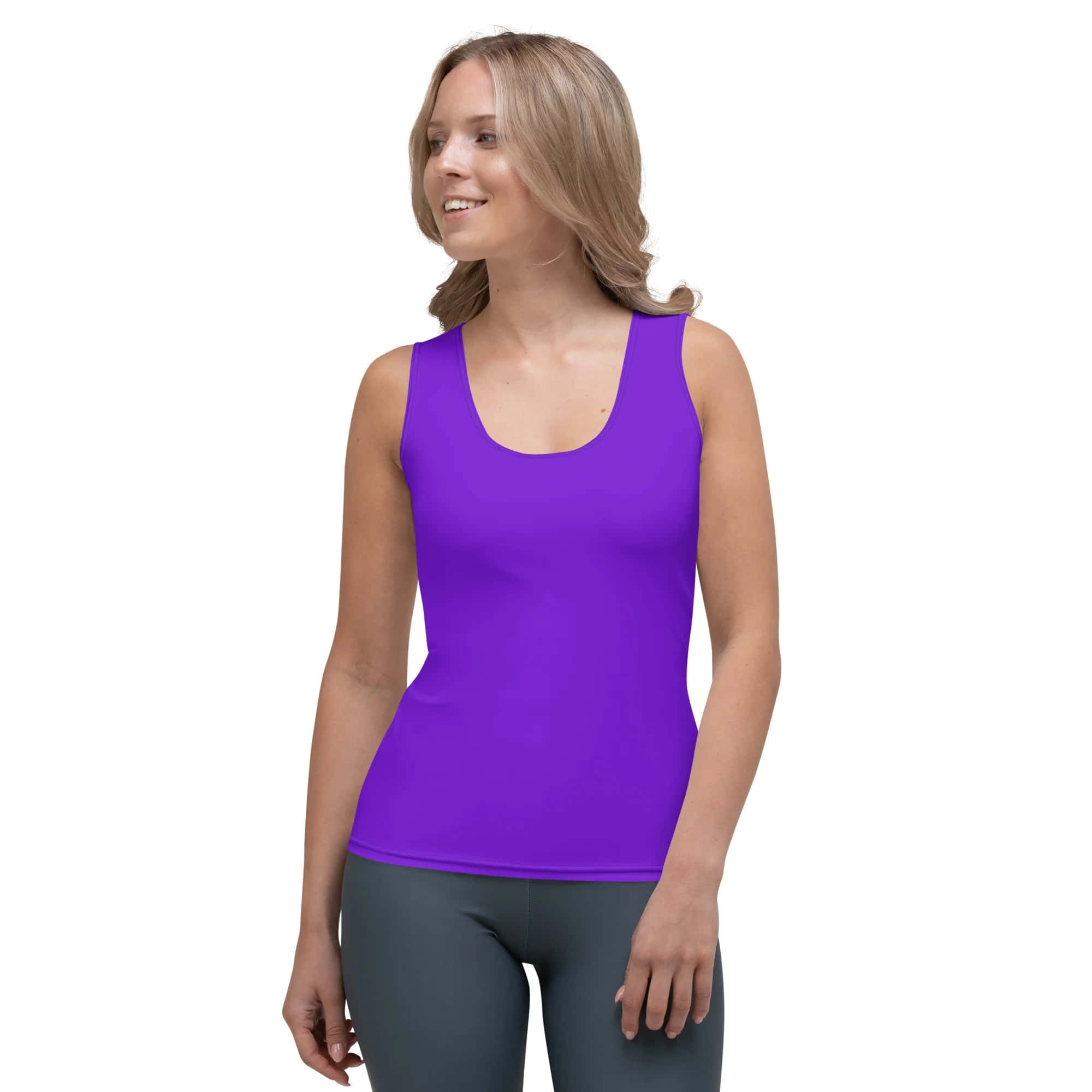 woman, blonde hair, vibrant purple tank top, Full HD Desktop Wallpaper