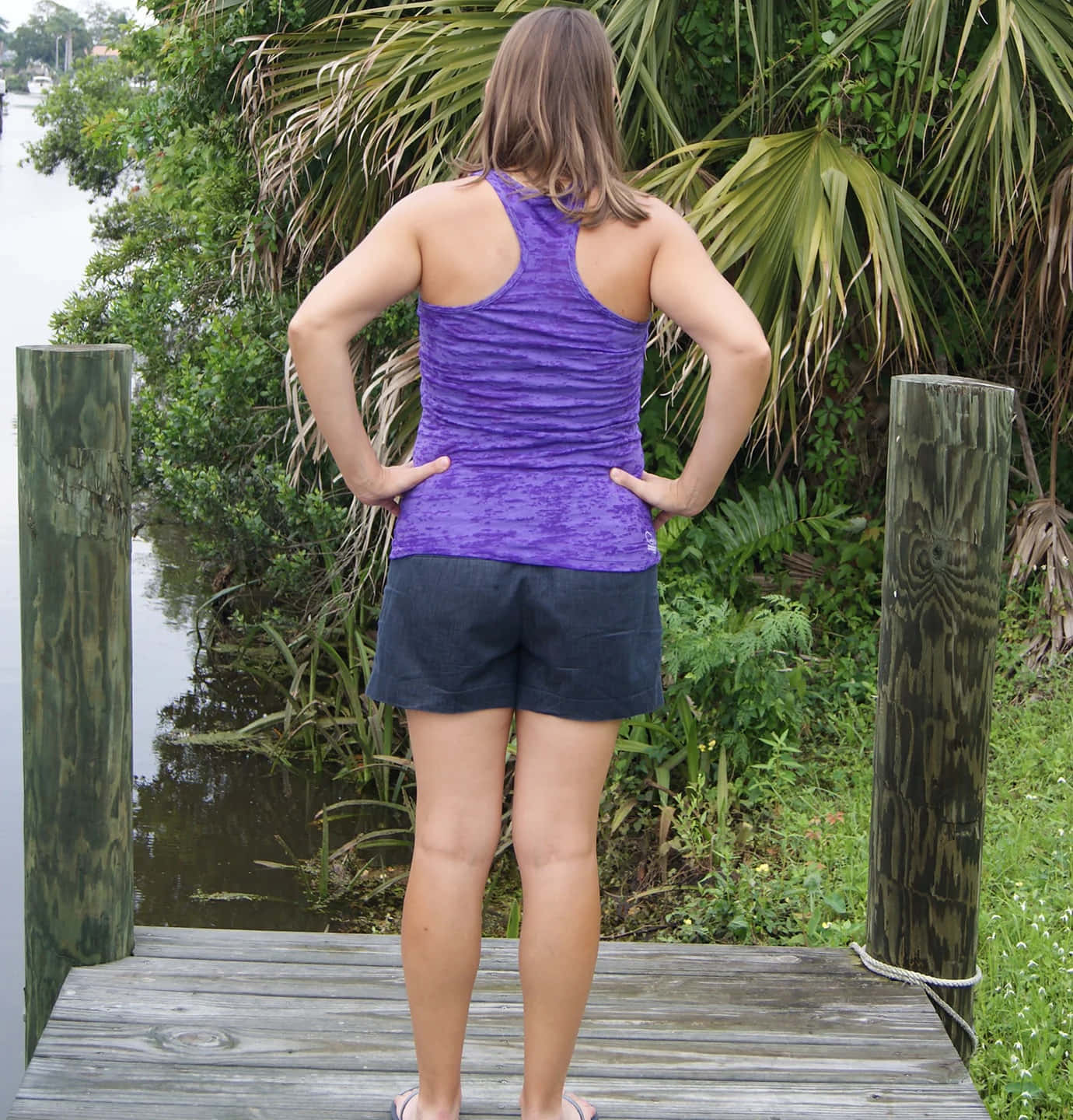 purple tank top, dark shorts, weathered wooden dock, HD Phone Wallpaper