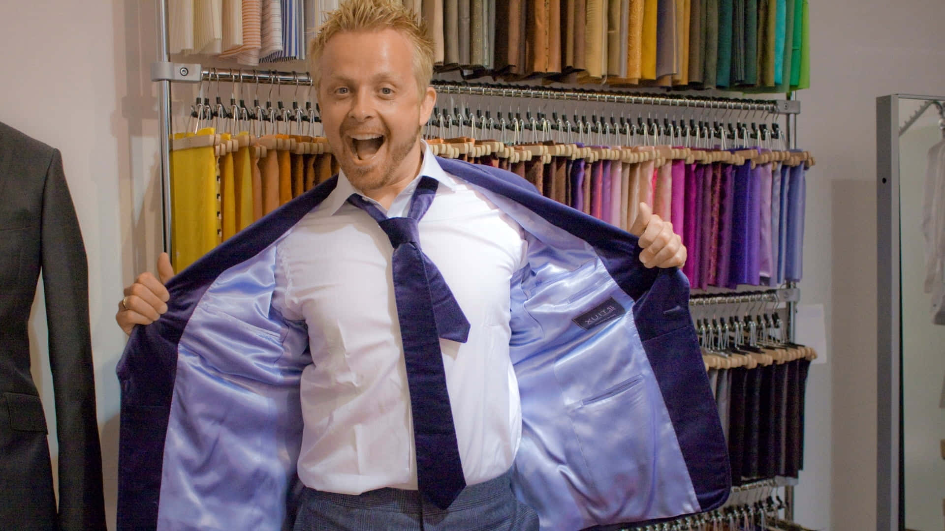 Purple Tie, shiny purple jacket, suit shop, Full HD Desktop Wallpaper