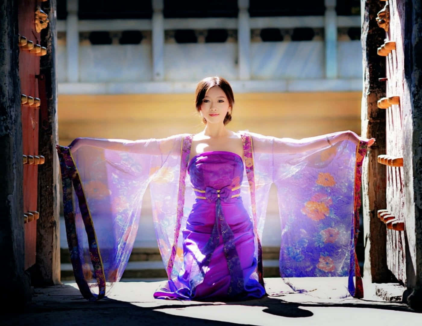 purple dress, flowing purple gown, ancient wooden doors, HD Desktop Wallpaper