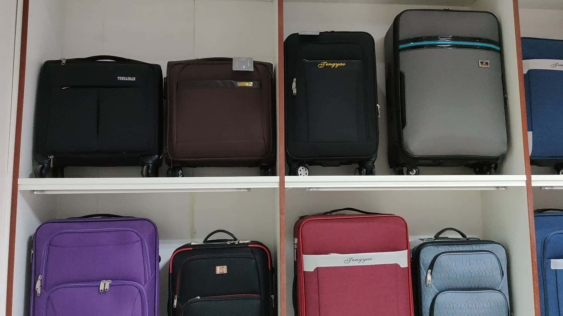purple travel bag, white shelving unit, colorful suitcases, Full HD Desktop Wallpaper