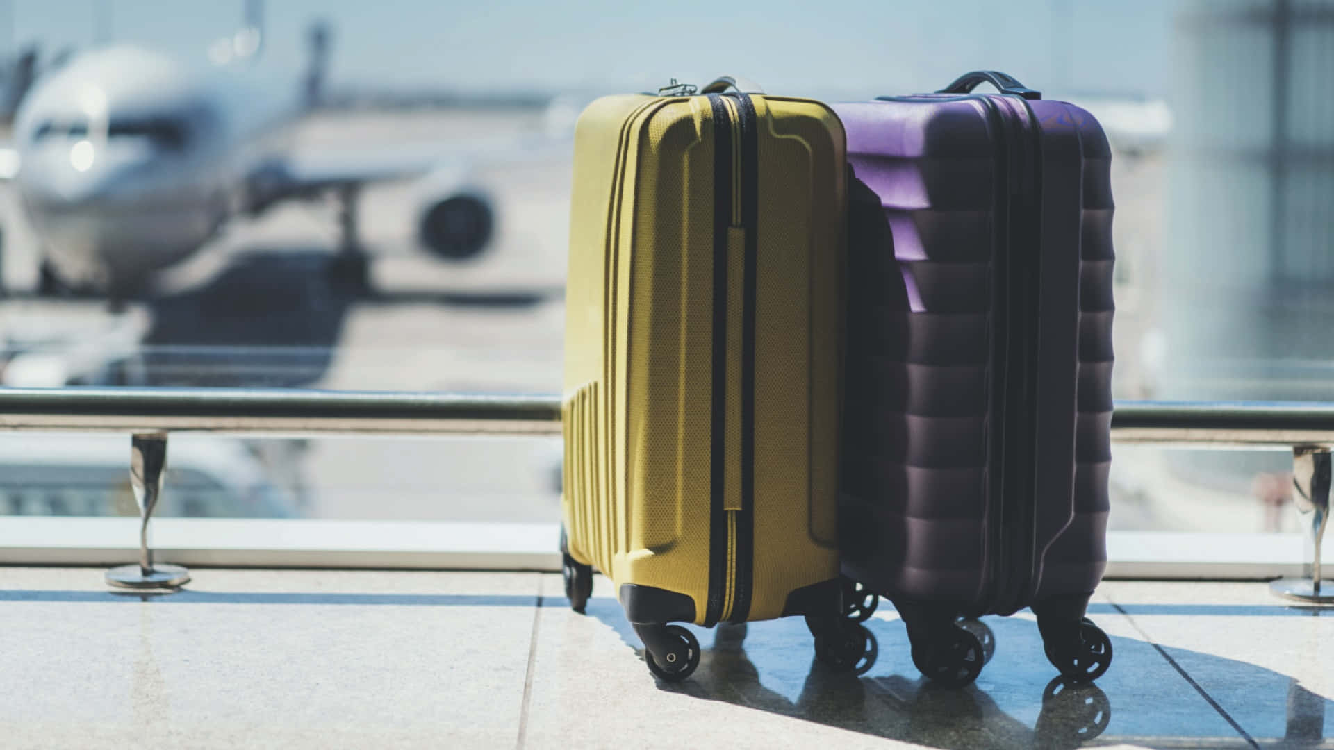 Purple Travel Bag, vibrant yellow and purple suitcases, sunlit airport balcony, Full HD Desktop Wallpaper
