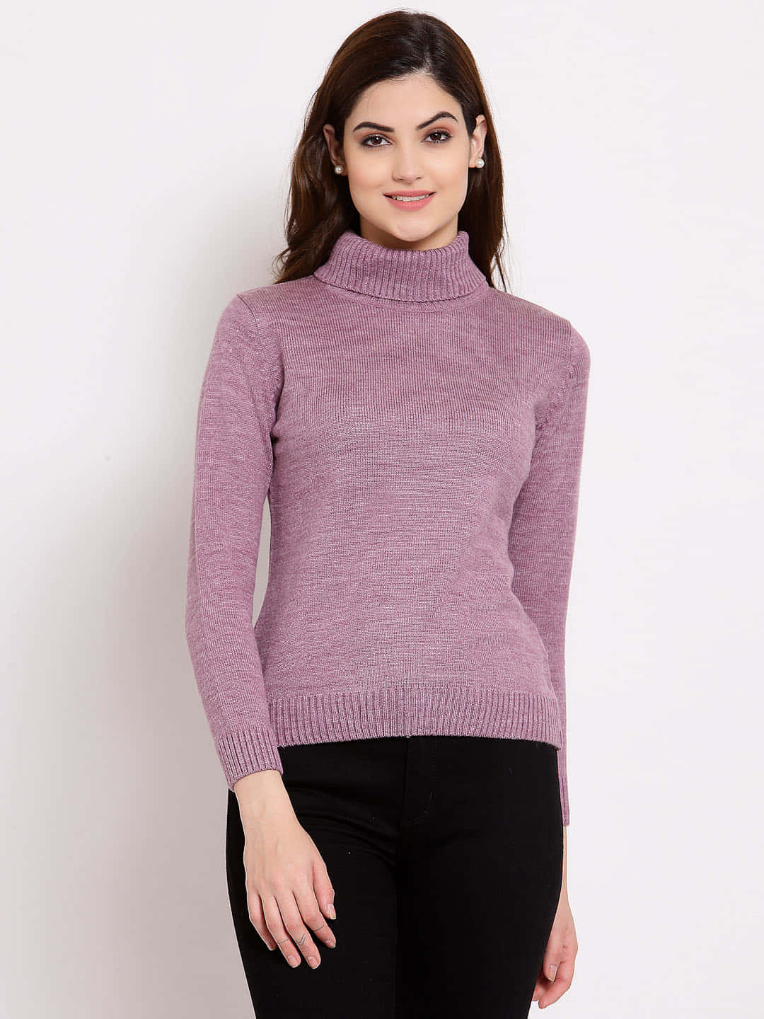 purple turtle-neck sweater, soft lavender turtleneck sweater, black pants, HD Phone Wallpaper
