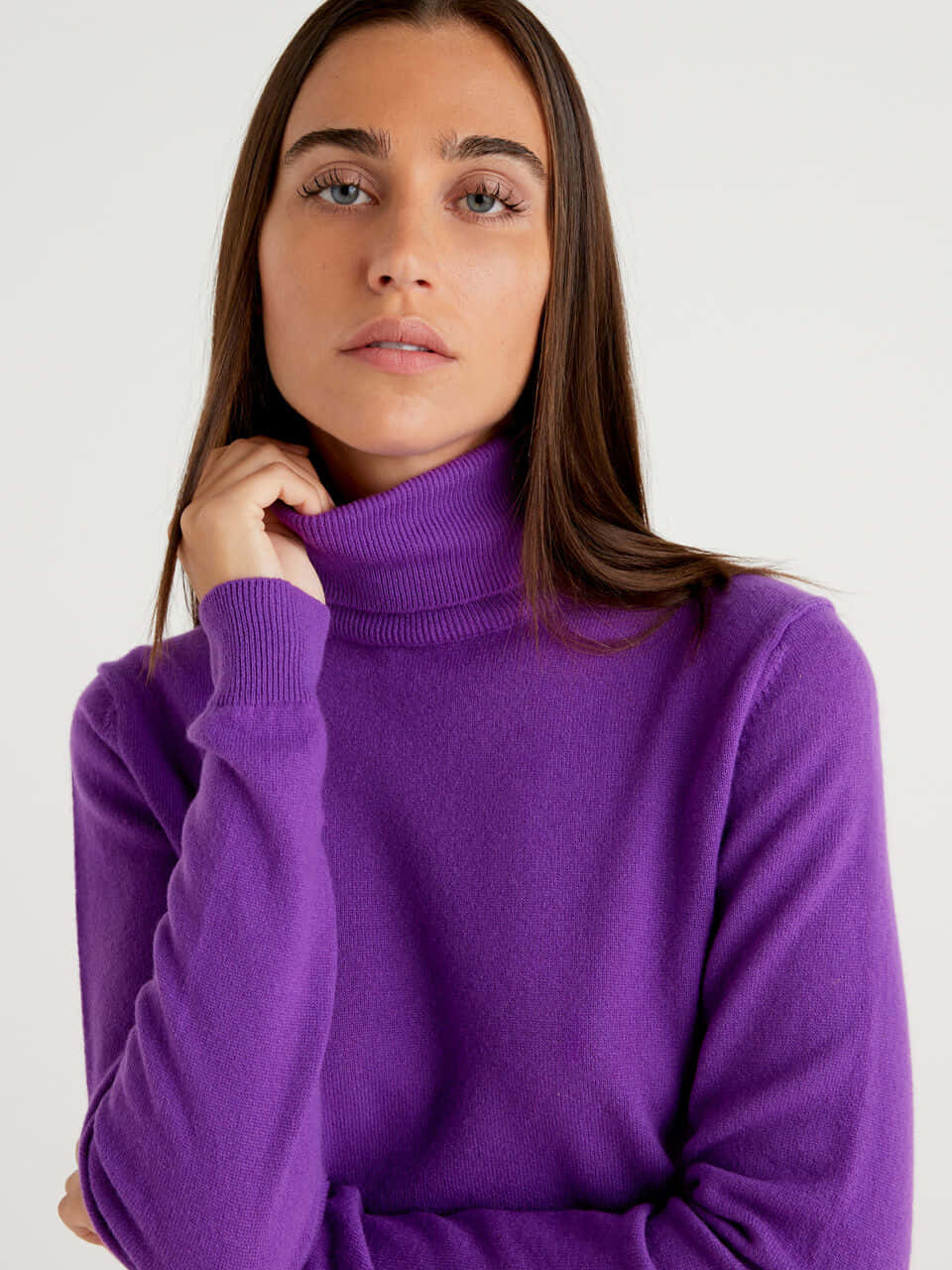 purple turtle-neck sweater, long brown hair, vibrant purple, HD Phone Wallpaper