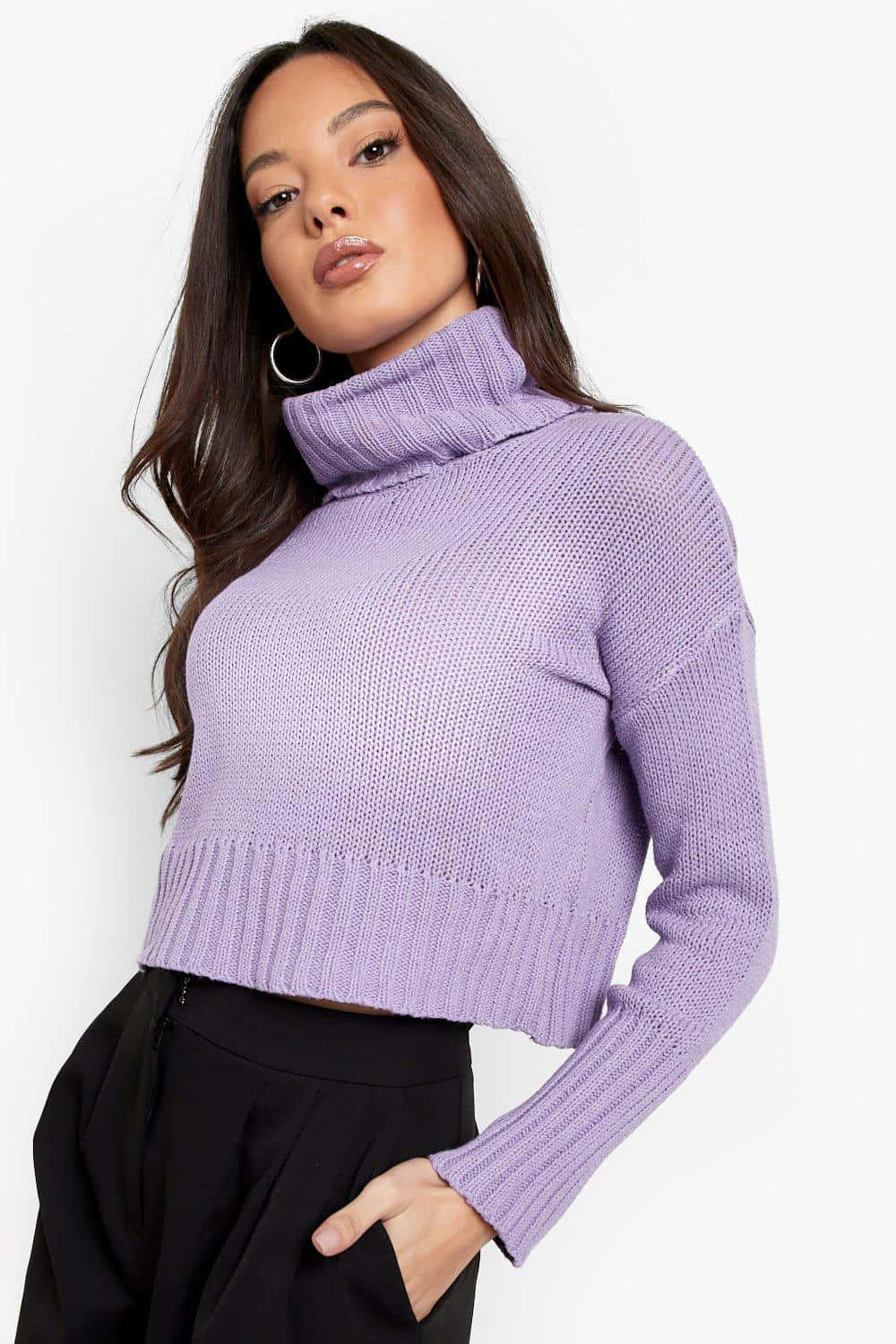 purple turtle-neck sweater, lavender cropped turtleneck sweater, long dark hair, HD Phone Wallpaper