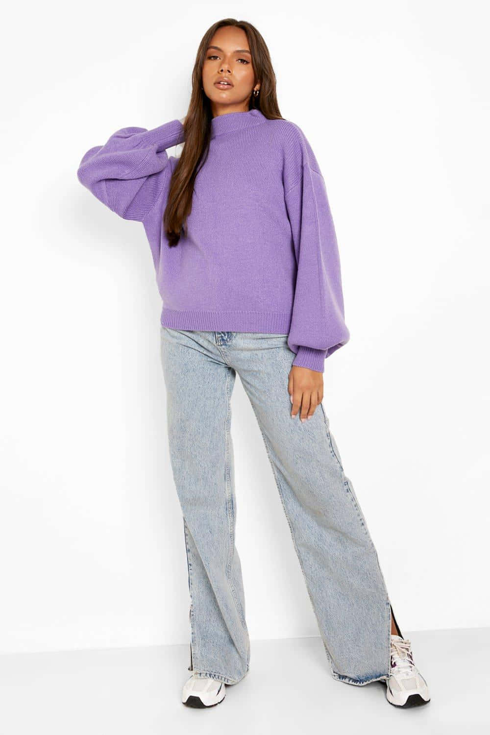 purple turtle-neck sweater, loose lavender sweater, wide-leg jeans, HD Phone Wallpaper