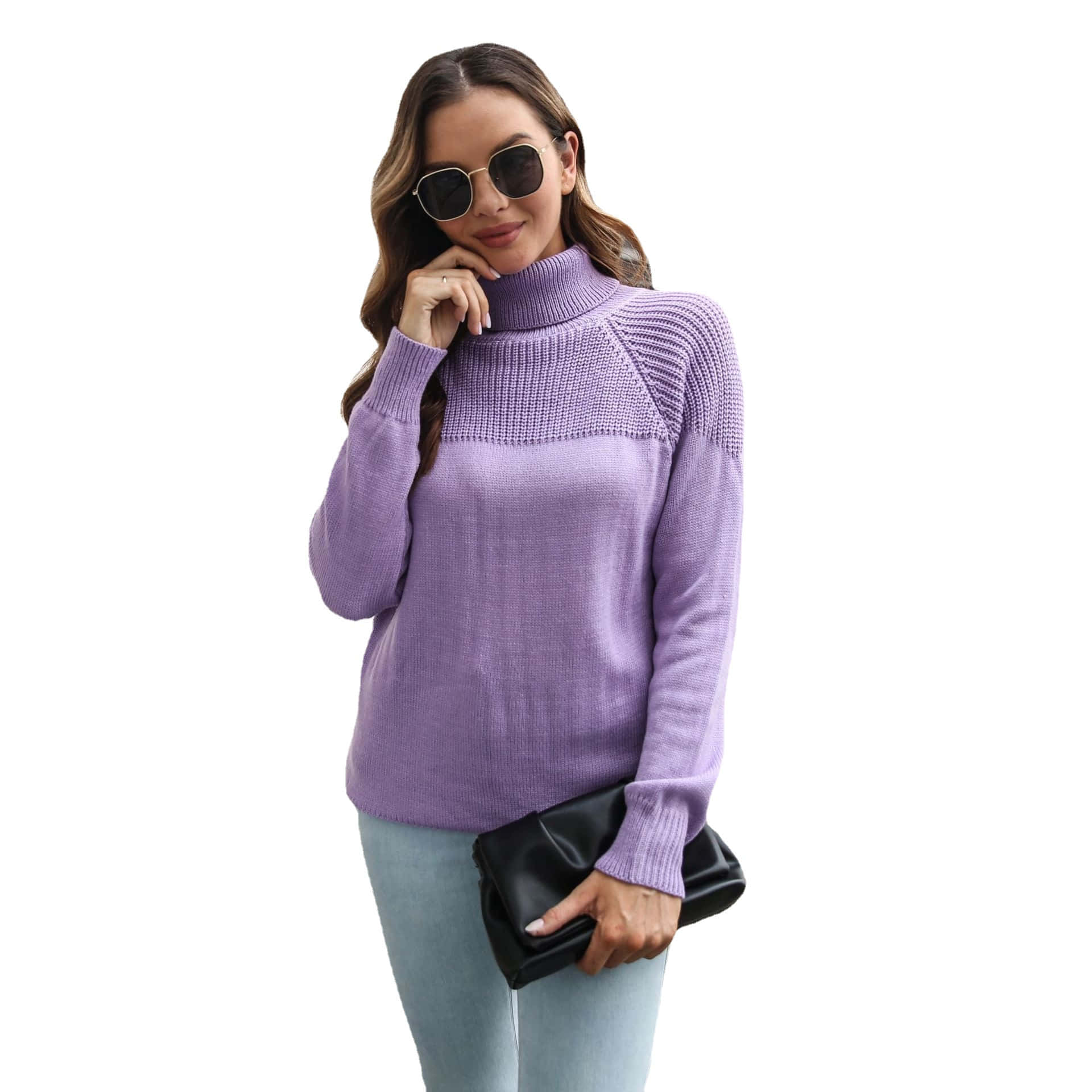 lavender turtleneck sweater, light blue jeans, sunglasses, Full HD Desktop Wallpaper