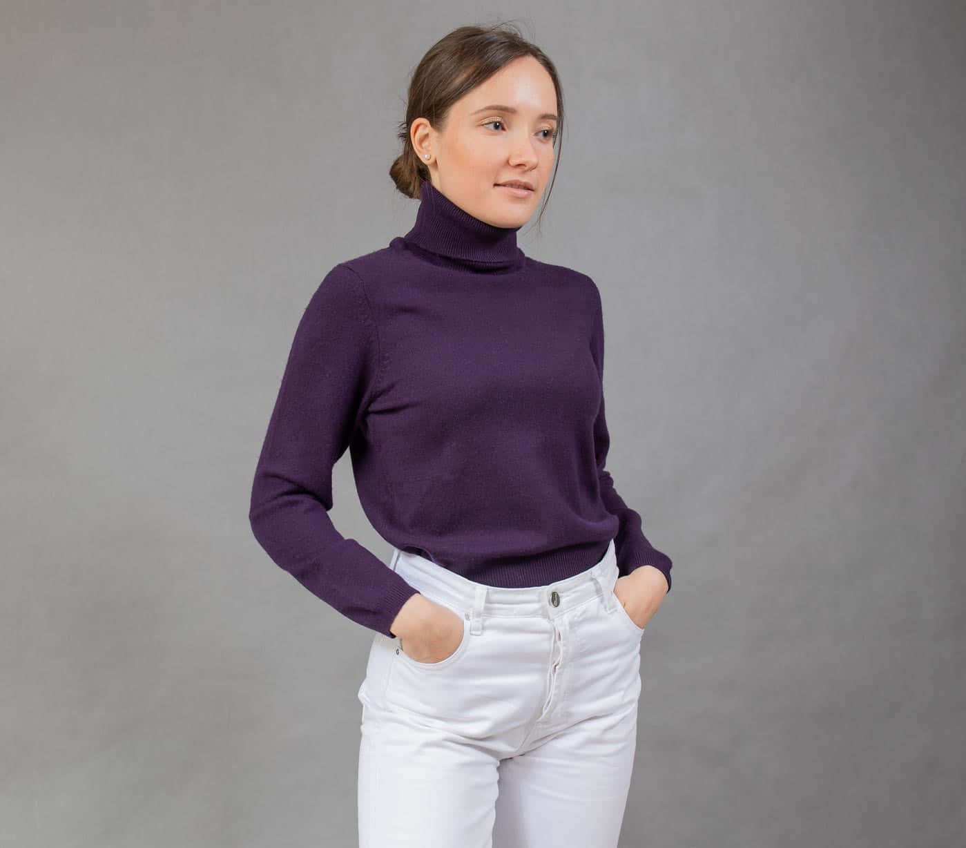 purple turtleneck, white jeans, neutral gray studio backdrop, HD Desktop Wallpaper