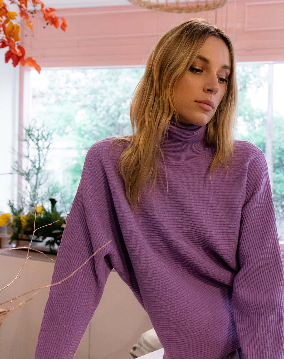 Purple Turtle-neck Sweater, soft purple ribbed turtleneck sweater, autumn leaves, HD Phone Wallpaper