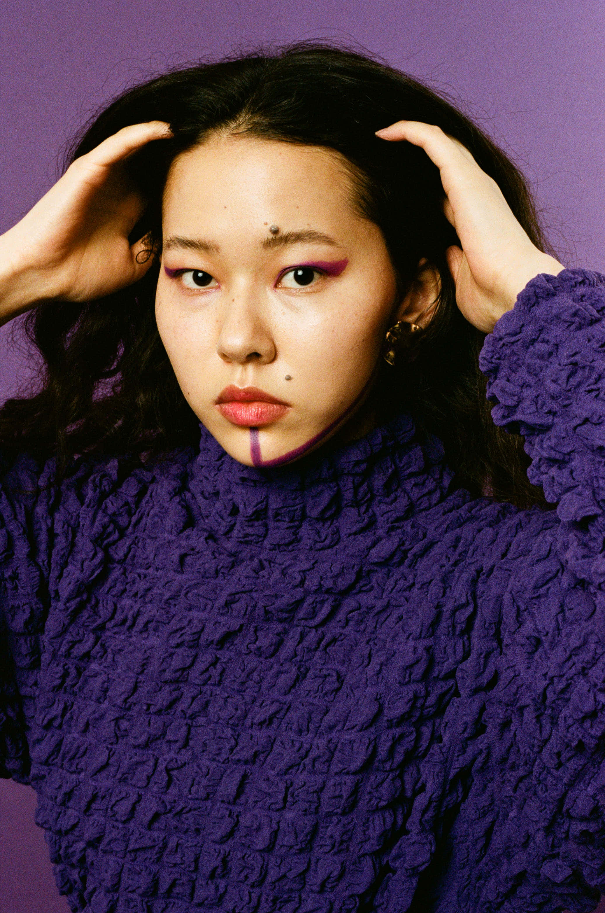 Purple Turtle-neck Sweater, dark hair, bold purple makeup, 2K Phone Wallpaper