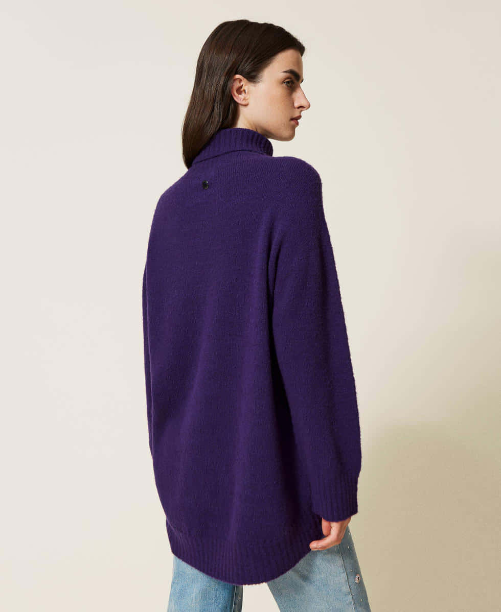 purple turtle-neck sweater, beige background, woman, SD Phone Wallpaper