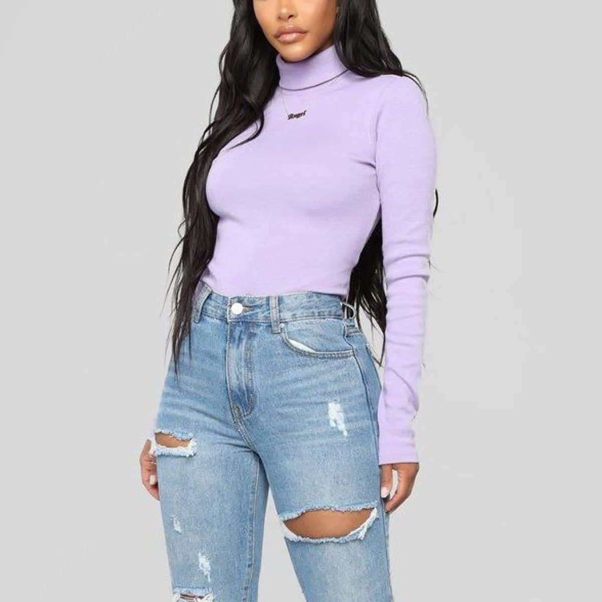 purple turtle neck sweater, lavender turtleneck, ripped blue jeans, SD Desktop Wallpaper