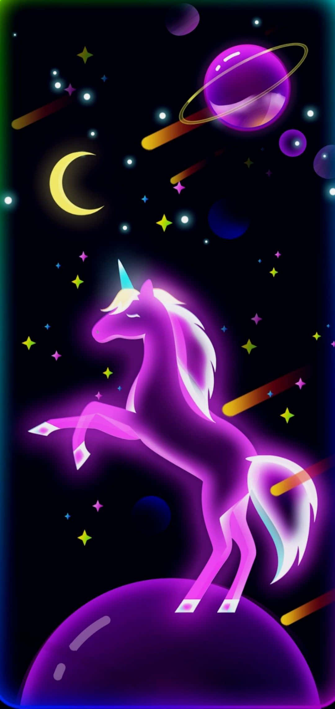 Glowing Purple Unicorn, planet, starry cosmic sky, Full HD Phone Wallpaper