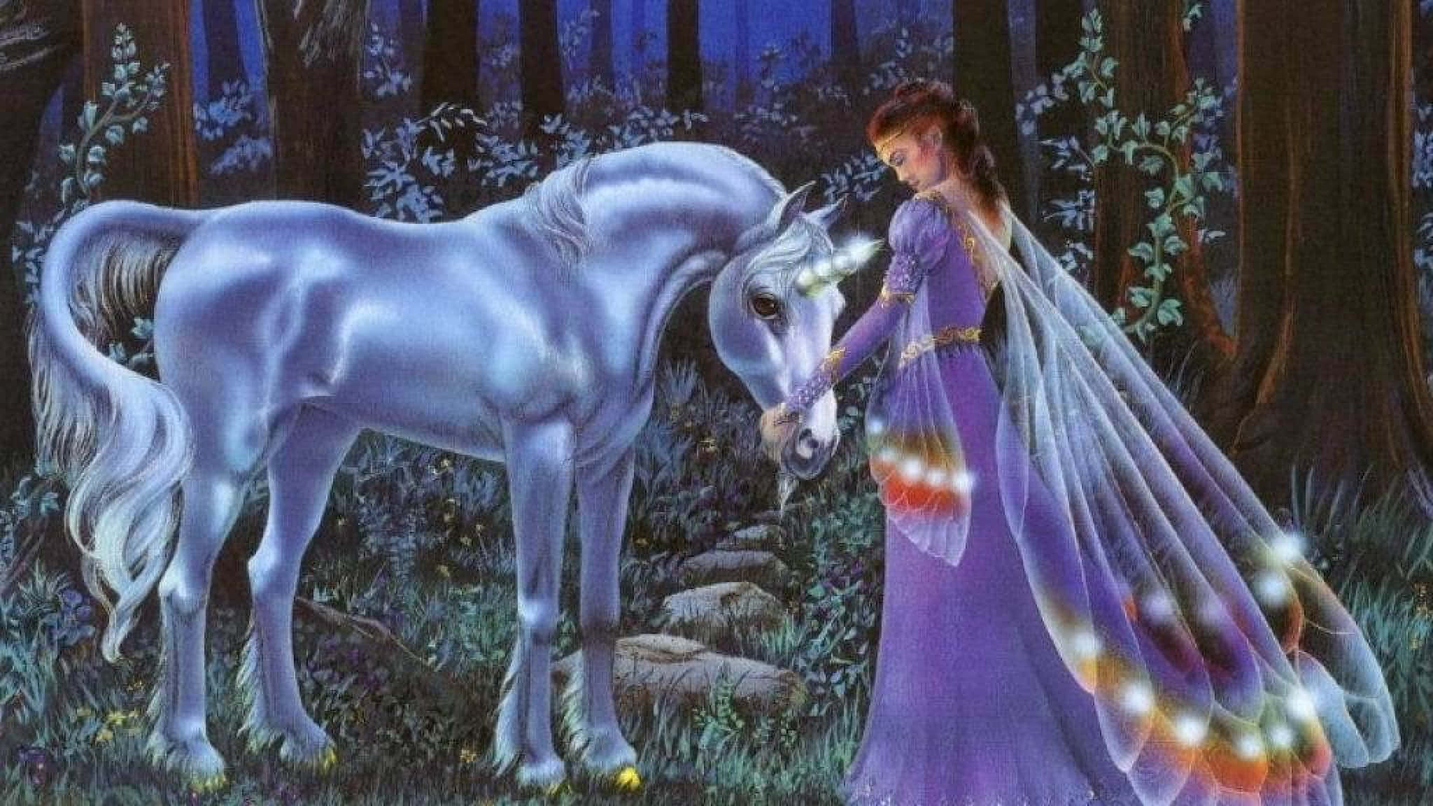 Purple Unicorn, fairy, woman in a purple gown, Full HD Desktop Wallpaper