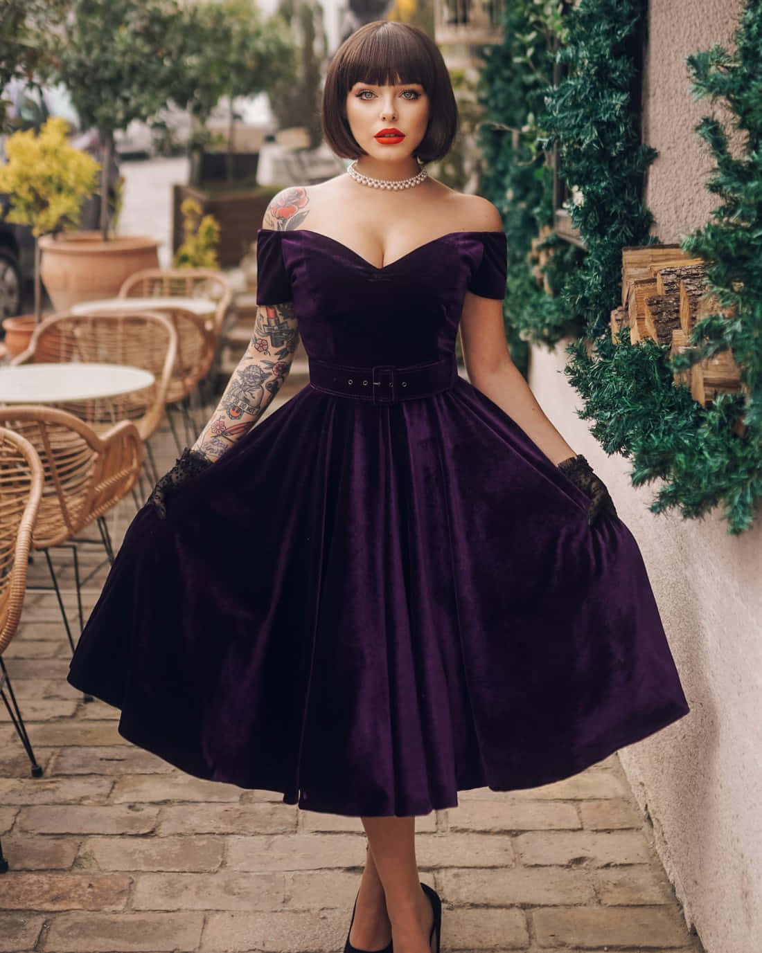 deep purple velvet, off-shoulder dress, lace gloves, HD Phone Wallpaper