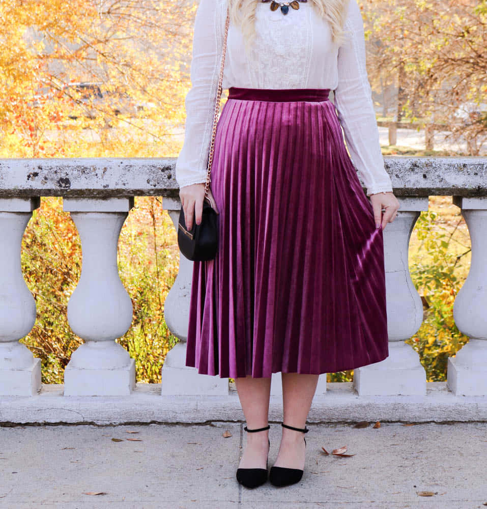 purple velvet, white blouse, deep purple pleated velvet skirt, SD Phone Wallpaper