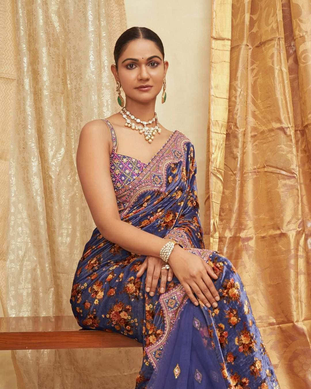 purple velvet roses, blue floral saree, golden drapes, HD Phone Wallpaper