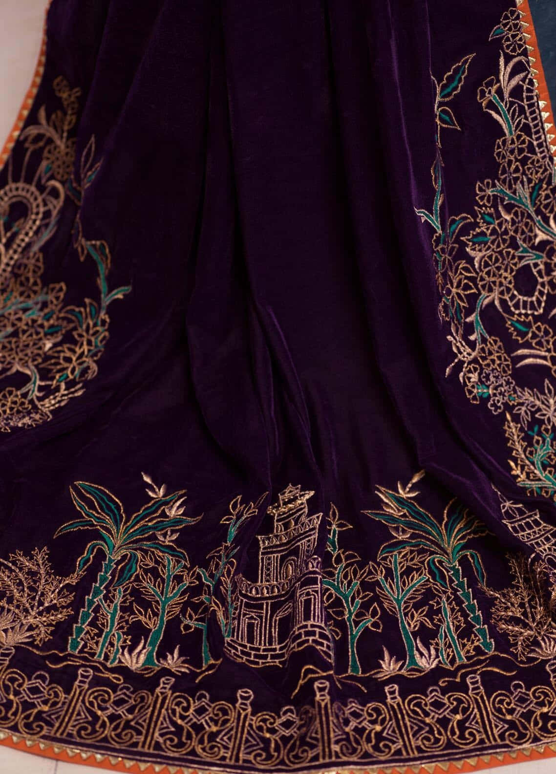 Purple Velvet, rich purple velvet fabric, intricate gold and teal embroidery, HD Phone Wallpaper