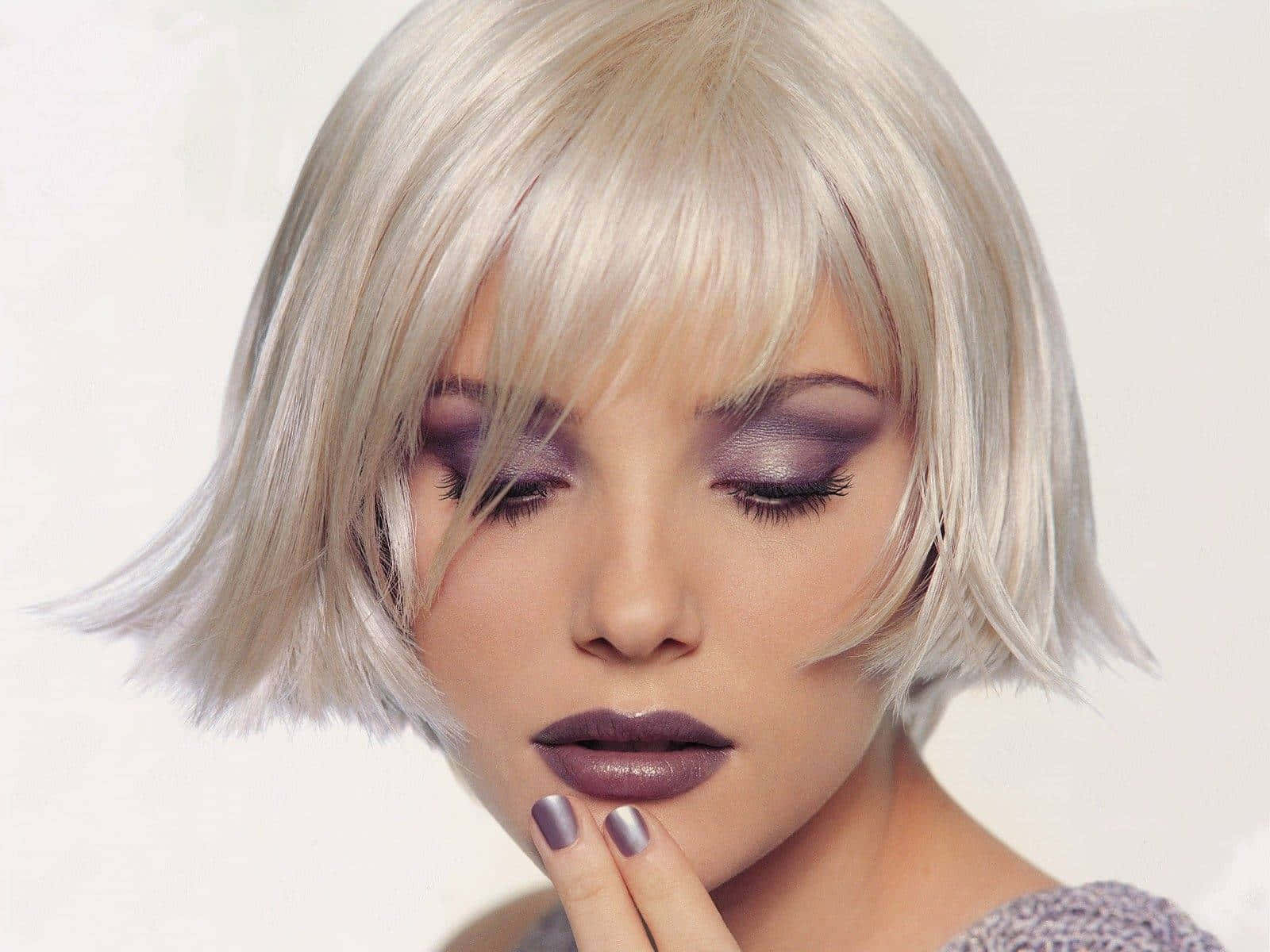 platinum blonde bob hair, purple eye shadow, purple lipstick, HD Desktop Wallpaper