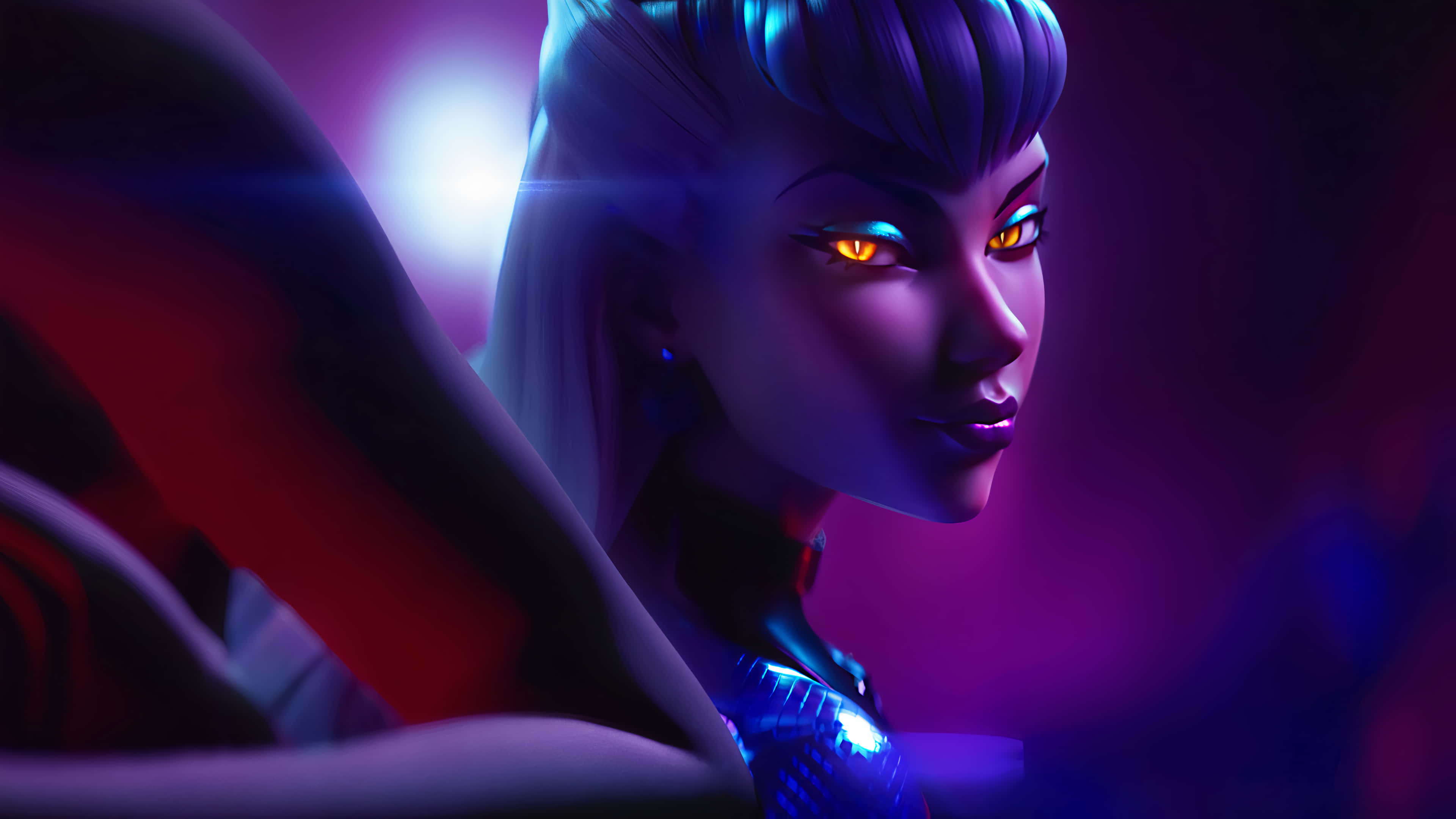matte purple lipstick, glowing orange eyes, blue hair, 4K Desktop Wallpaper