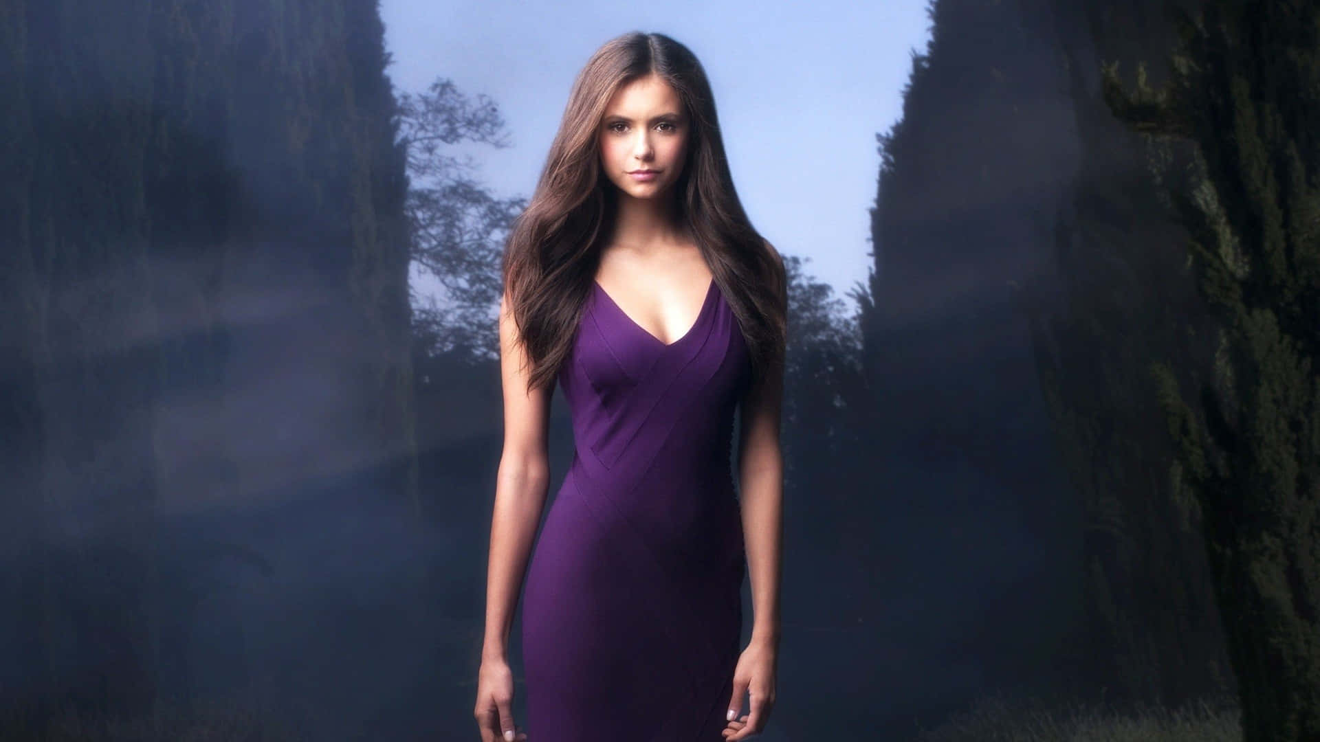 deep purple dress, tall dark trees, misty twilight sky, Full HD Desktop Wallpaper