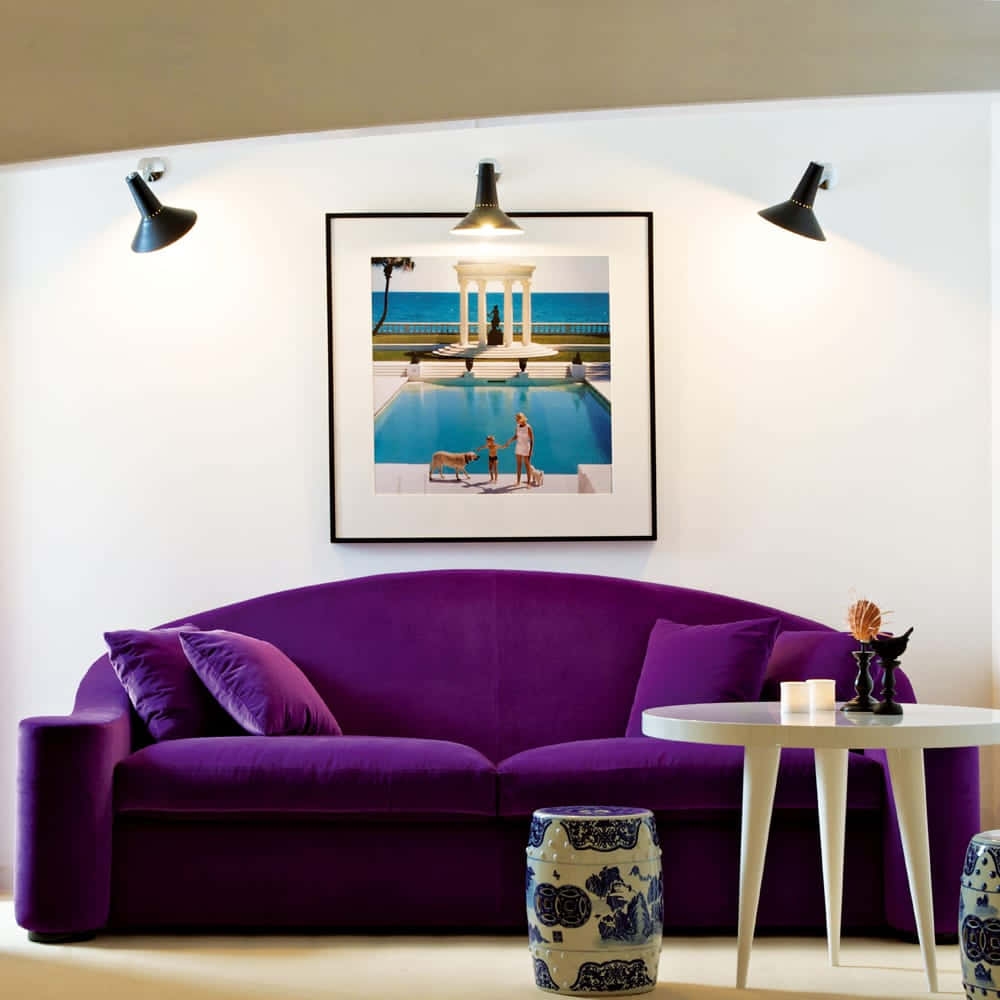 Purple Velvet, plush purple velvet sofa, framed photo of a poolside scene, SD Desktop Wallpaper