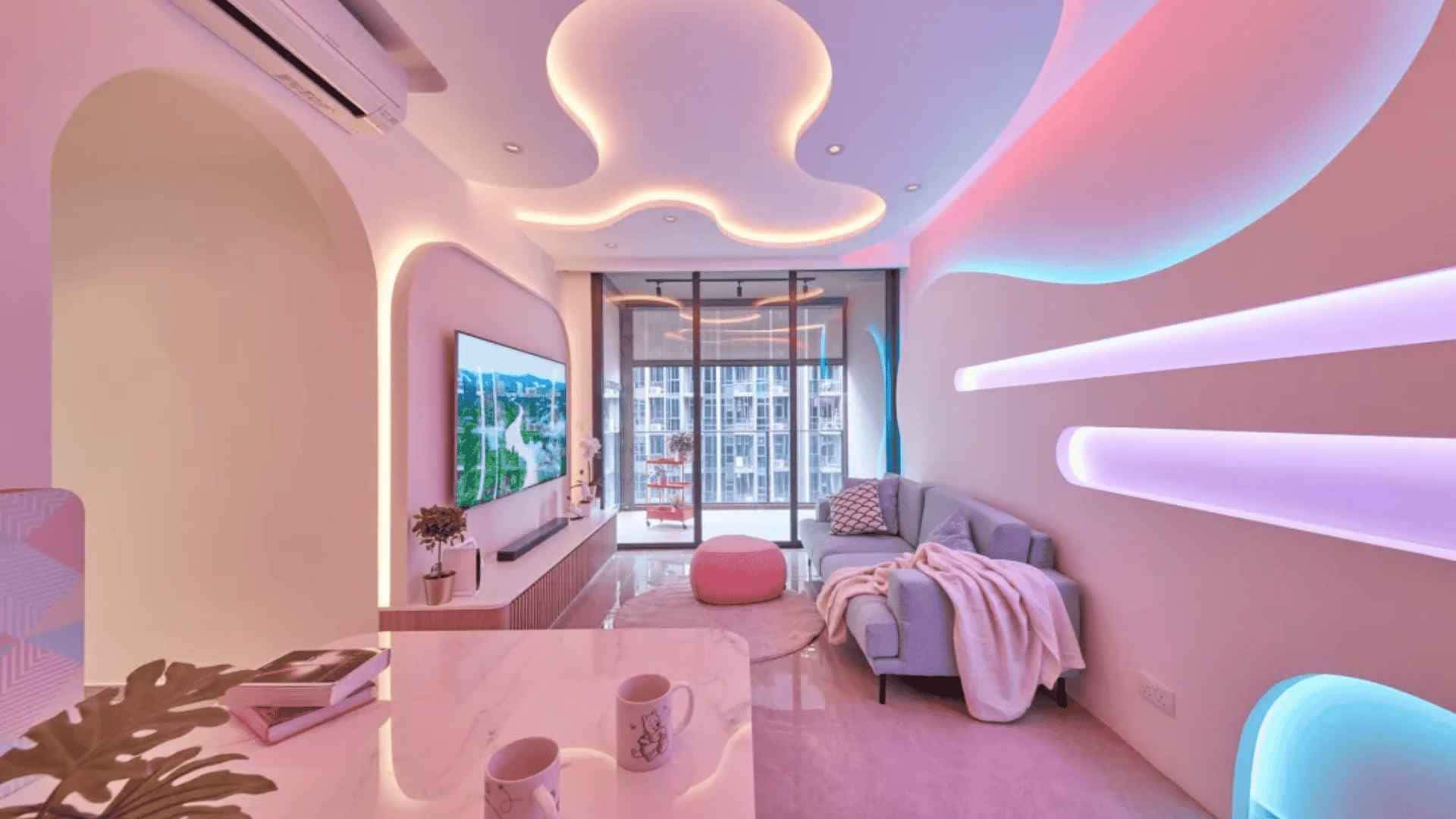 Purple Y2k Aesthetic, neon lights, curved ceiling fixtures, Full HD Desktop Wallpaper
