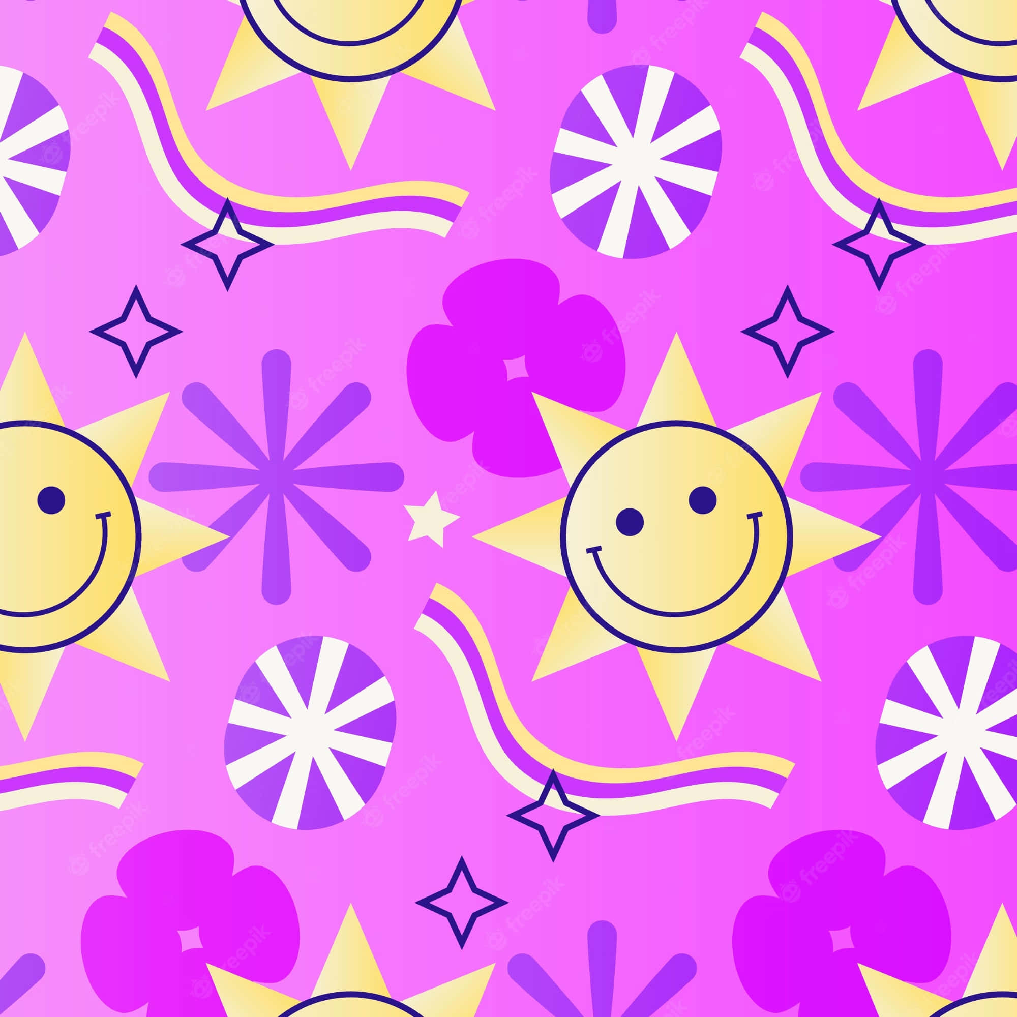 Purple Y2 K Sunshine Pattern, vibrant pink background, smiling suns, Full HD Desktop Wallpaper