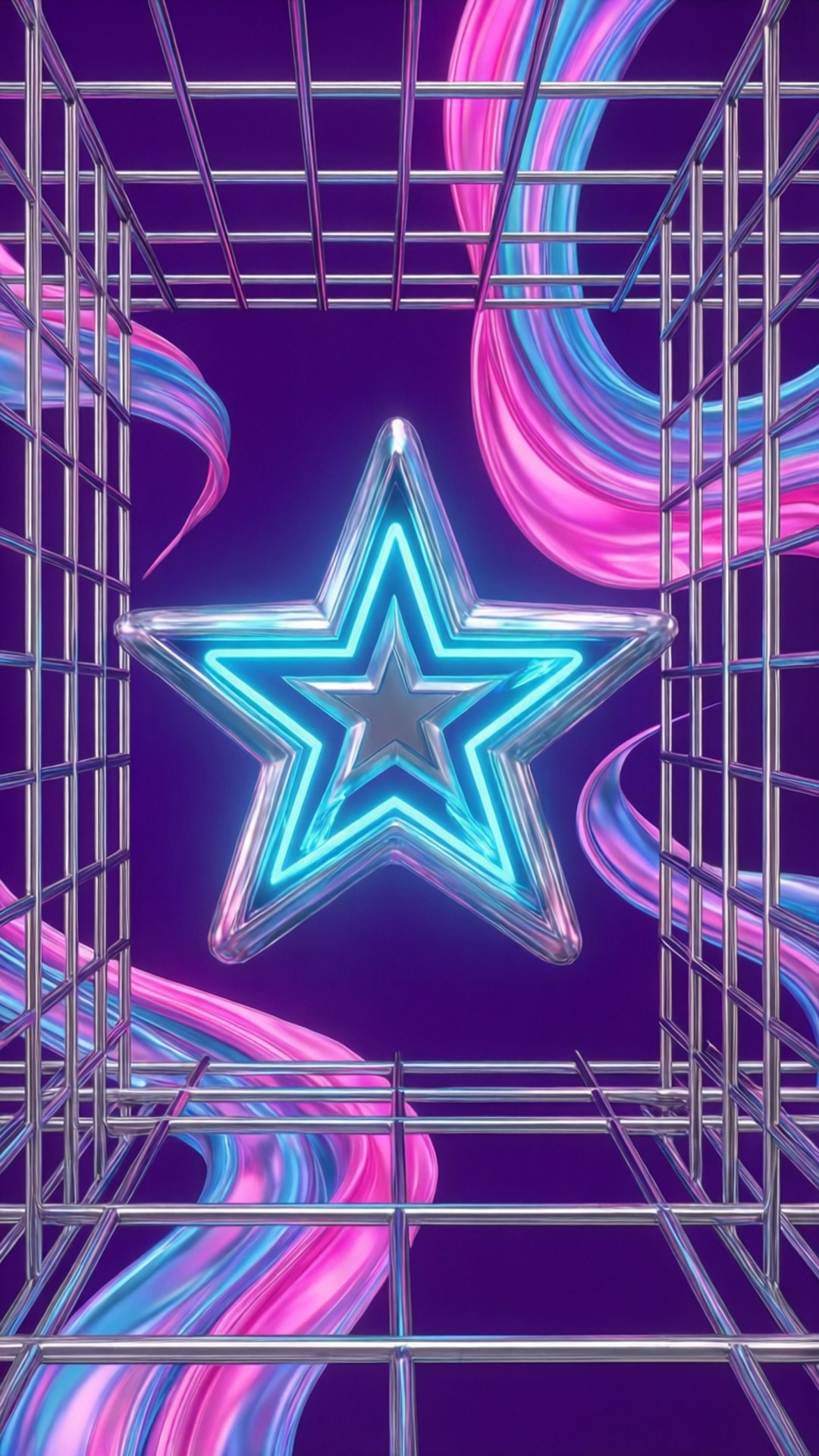 neon blue star, chrome grid, swirling pink and blue ribbons, Full HD Phone Wallpaper