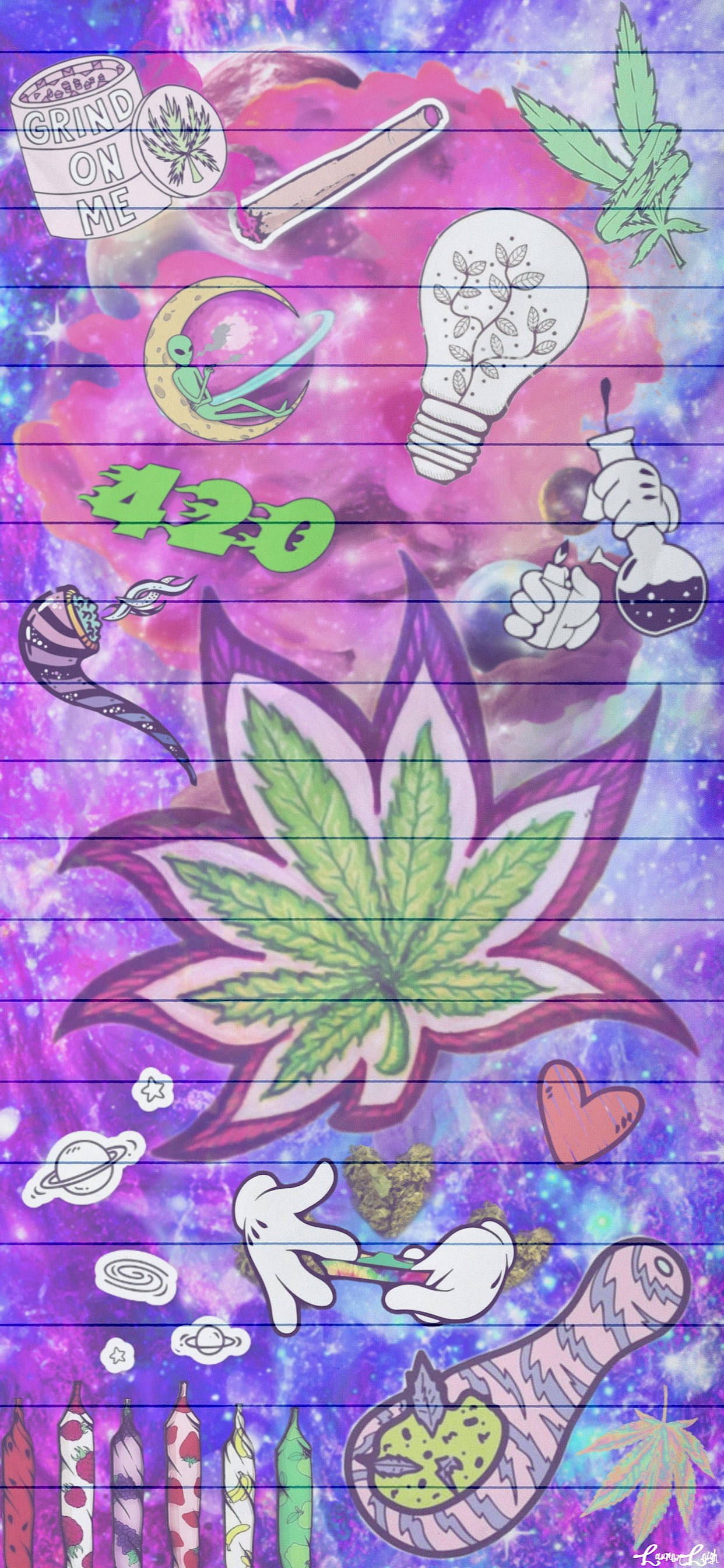 cannabis leaf, neon elements, purple starry background, 2K Phone Wallpaper