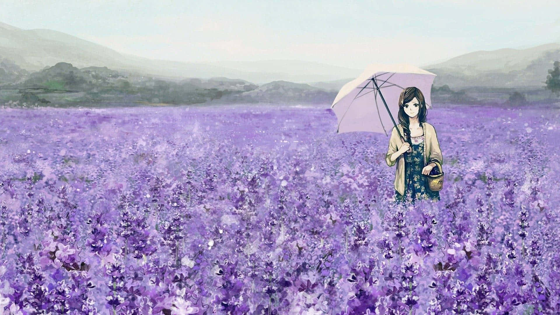 Pretty Purple Field Of Lavender, vast field of purple flowers, young woman with an umbrella, Full HD Desktop Wallpaper