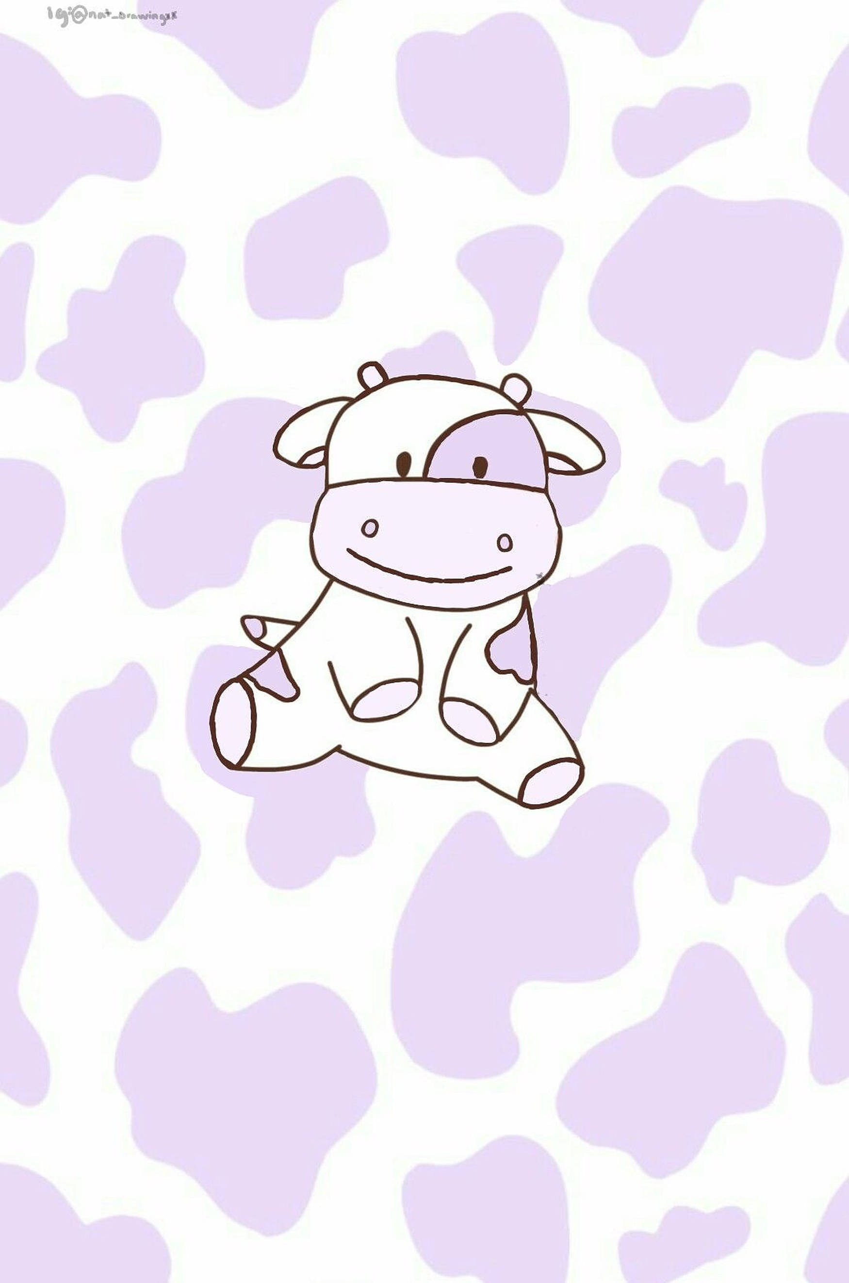 cute cartoon cow, smiling face, soft lavender and white cow print background, 2K Phone Wallpaper