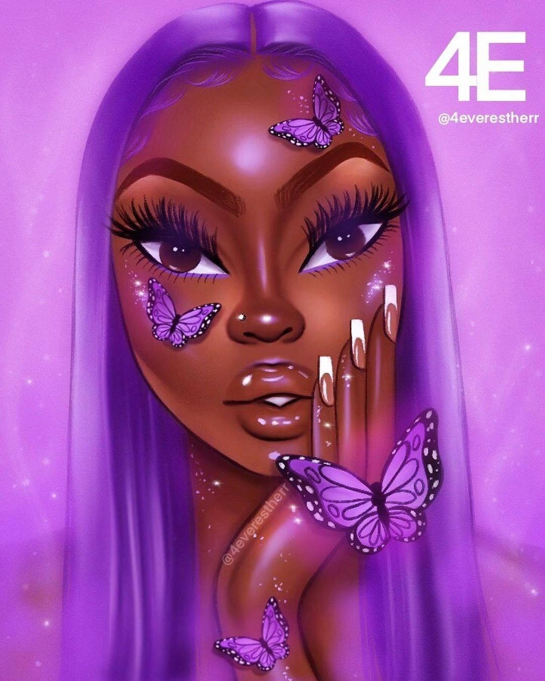 purple hair, butterflies, glowing purple background, HD Phone Wallpaper