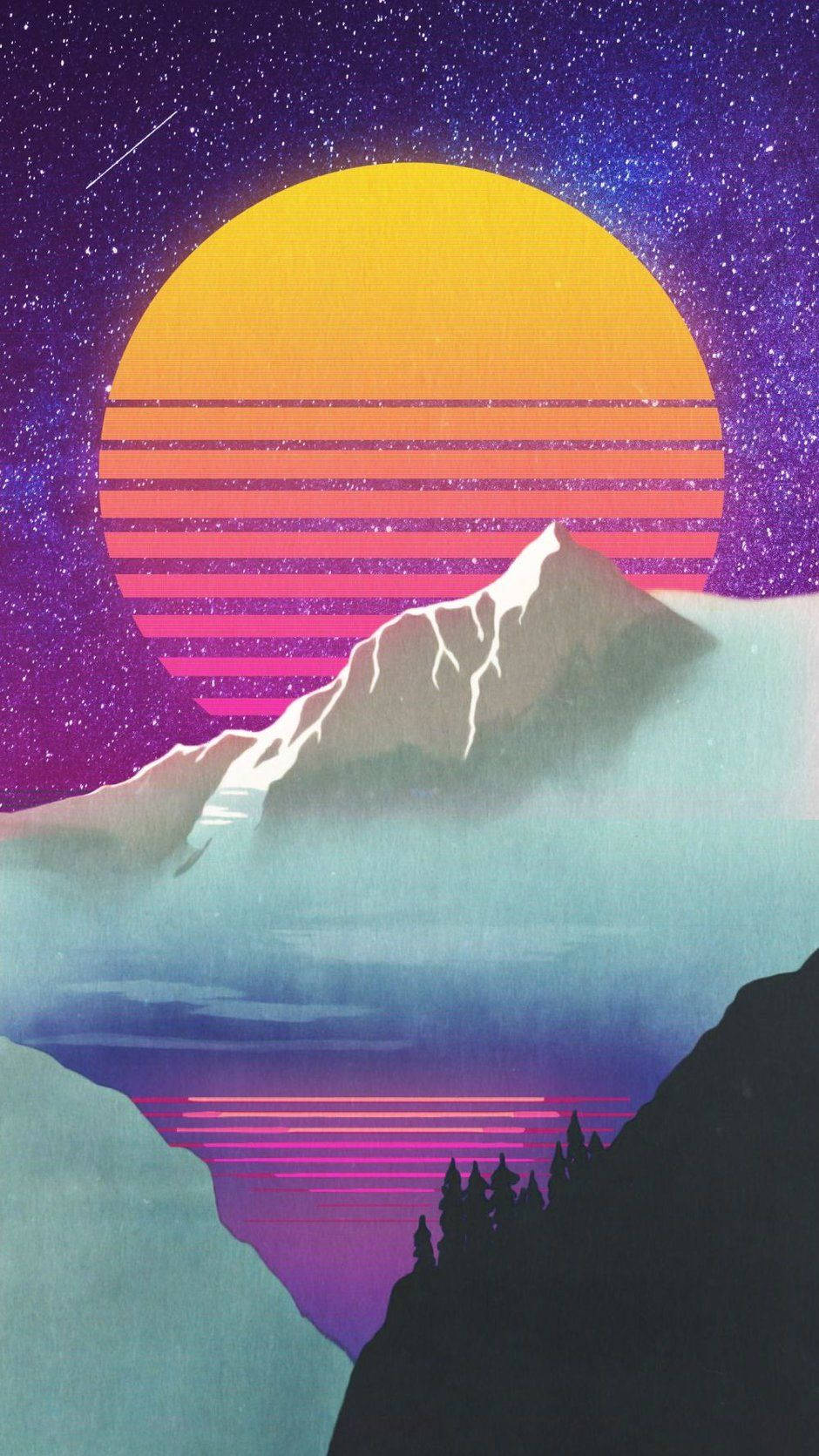 retro-futuristic mountain peak, giant striped sun, starry purple sky, HD Phone Wallpaper