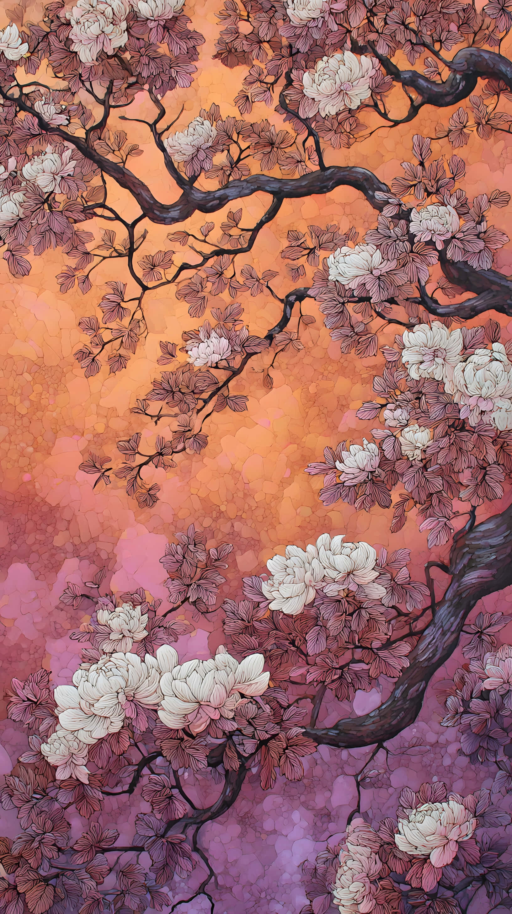 cherry blossom branches, pink purple gradient, orange and purple gradient sky, 2K Phone Wallpaper