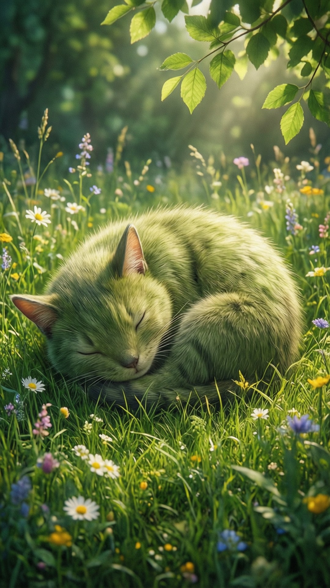 Purugly, green-furred, sunlit meadow, Full HD Phone Wallpaper